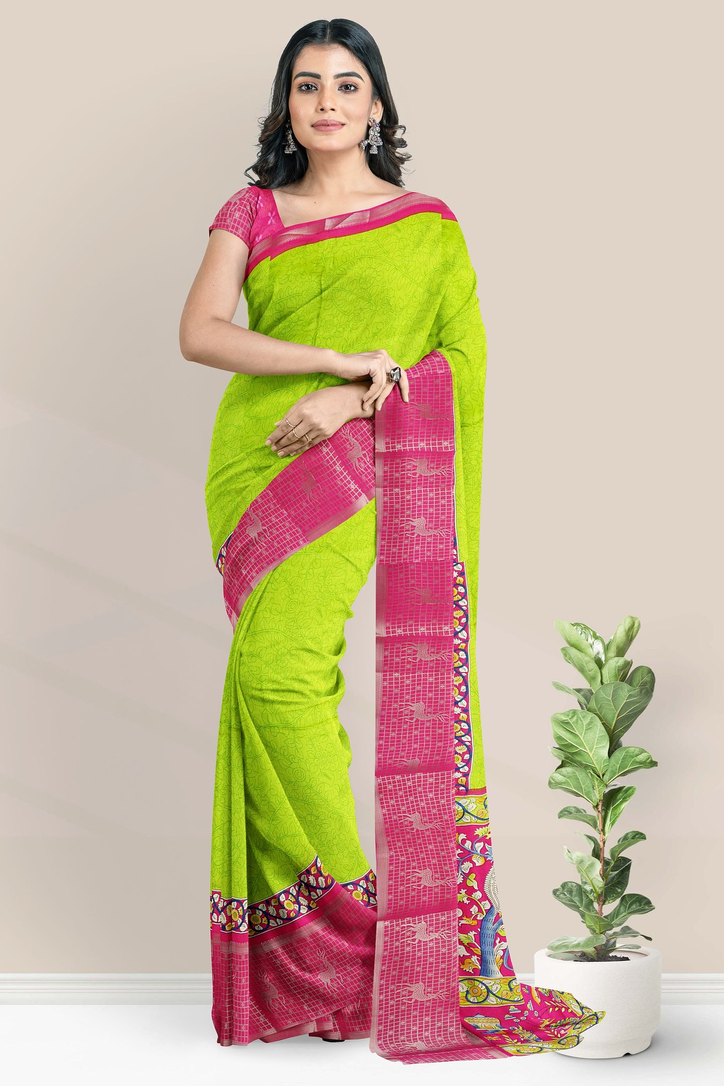 Georgette Pen Kalamkari Print Parrot Green With Pink Saree