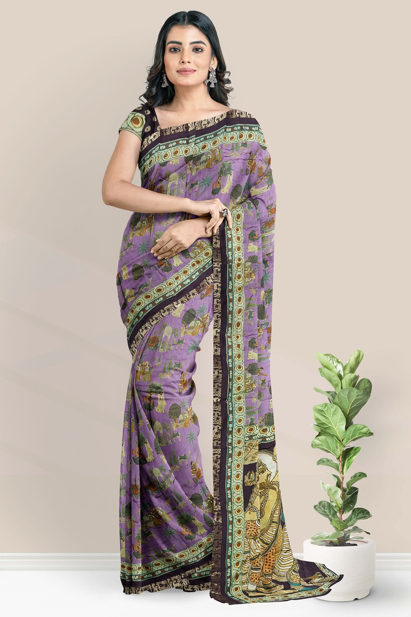 Semi Chanderi Silk Digital Print Lavender With Purple Saree