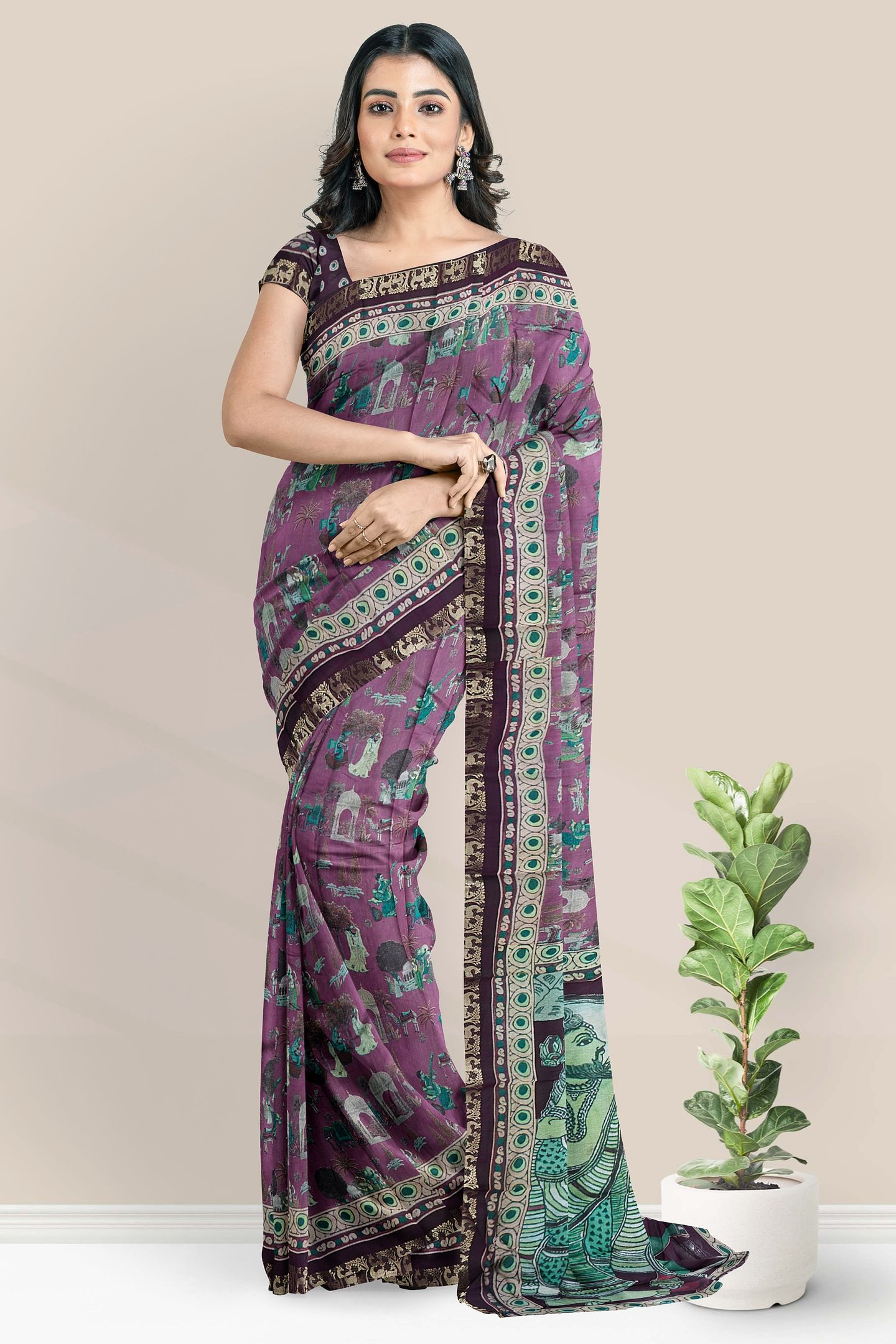 Semi Chanderi Silk Digital Print Pink With Wine Saree