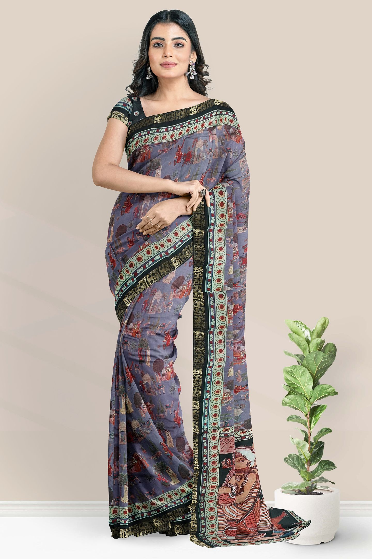 Semi Chanderi Silk Digital Print Grayish Blue With Black Saree