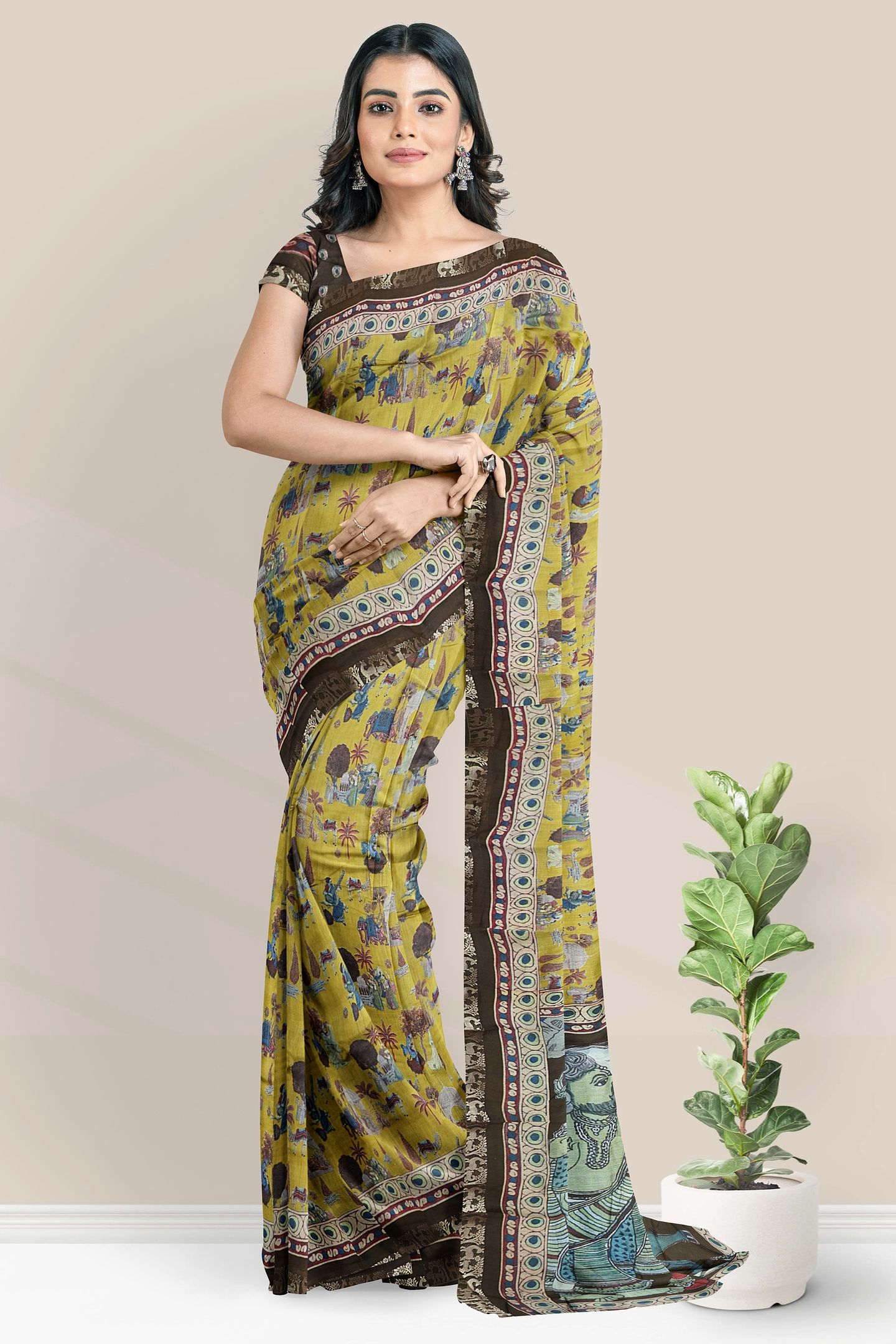 Semi Chanderi Silk Digital Print Yellow With Brown Saree