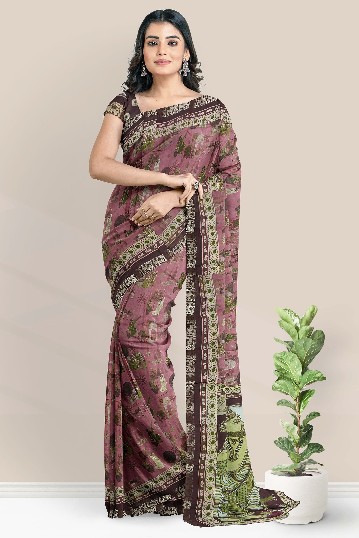 Semi Chanderi Silk Digital Print Onion Pink With Maroon Saree