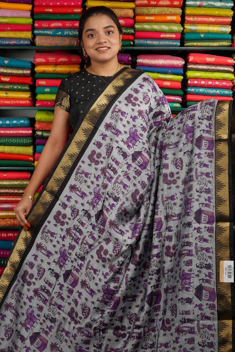 Semi Maheswari Silk Tribal Print Ash And Purple Mix And Black Saree