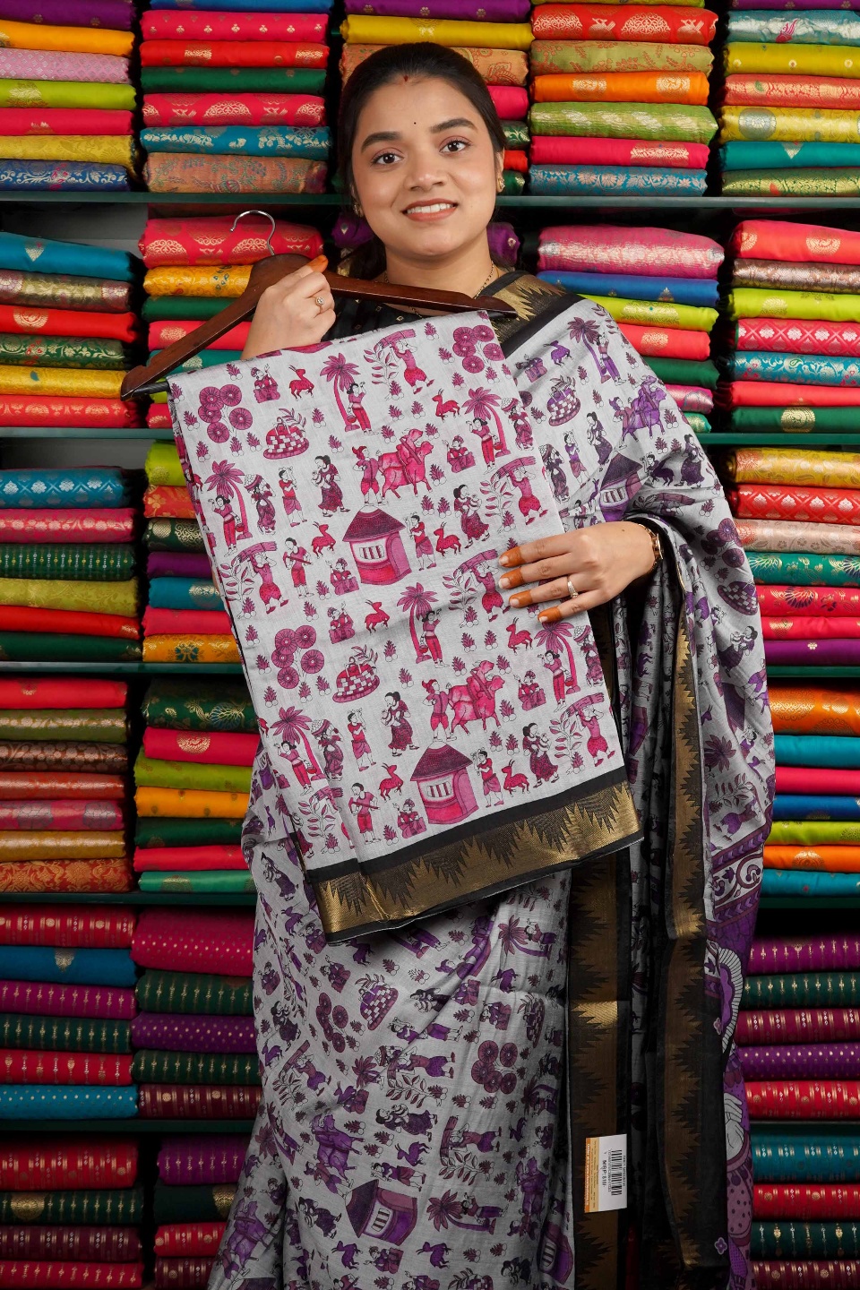 Semi Maheswari Silk Tribal Print Ash And Bright Pink Mix And Black Saree