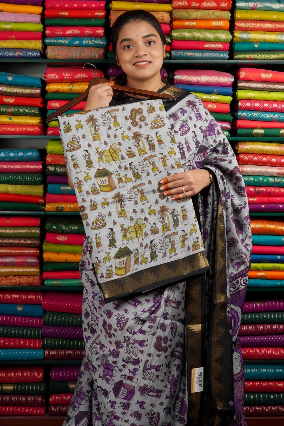 Semi Maheswari Silk Tribal Print Ash And Peasara Green Mix And Black Saree