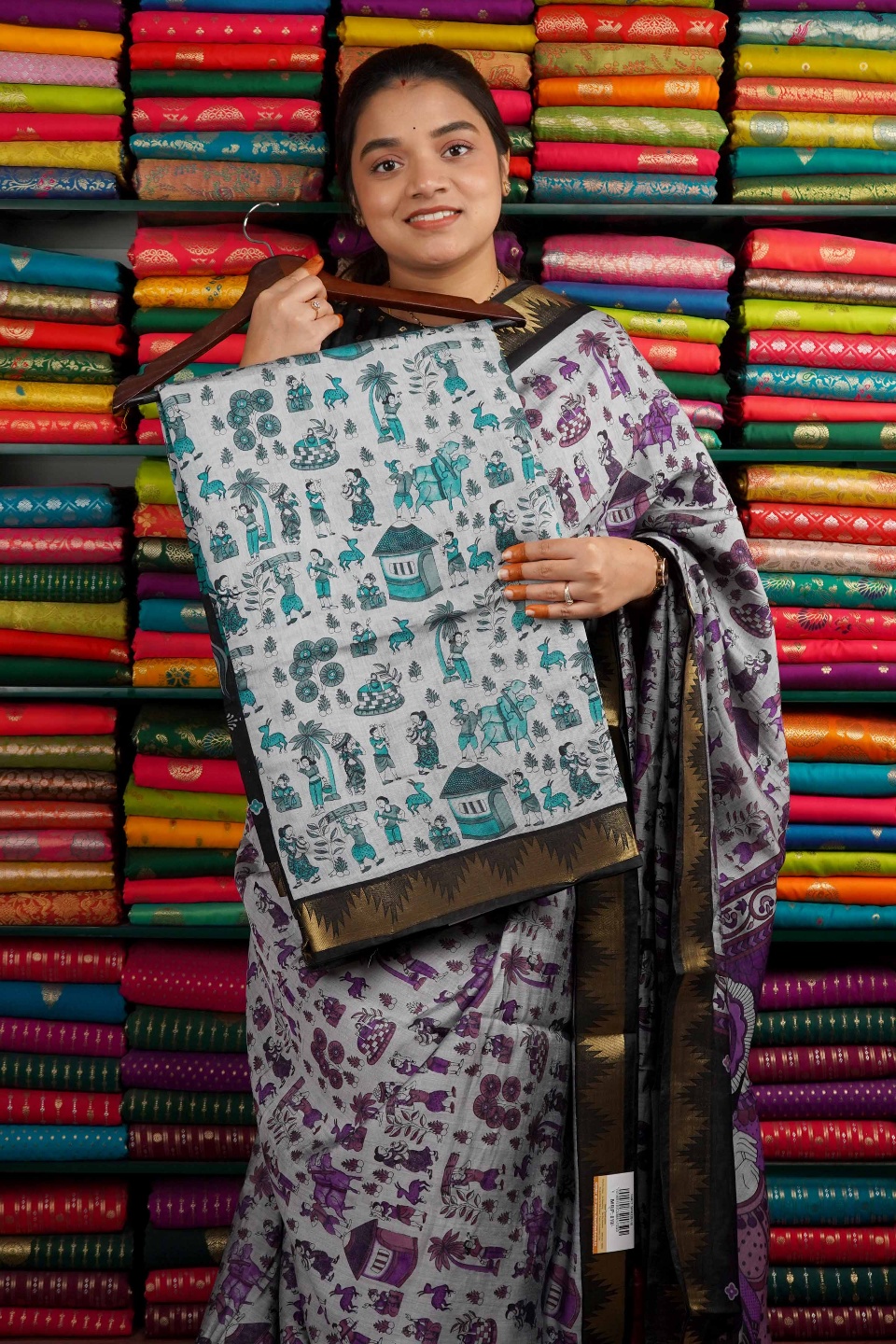 Semi Maheswari Silk Tribal Print Ash And Sea Green Mix And Black Saree