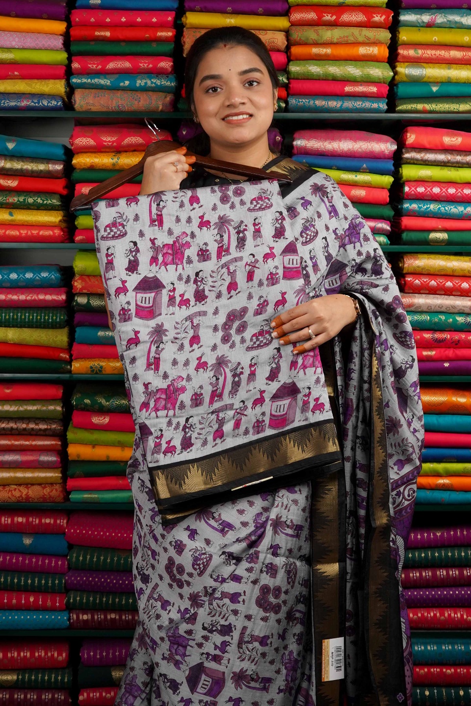 Semi Maheswari Silk Tribal Print Ash And Pink Mix And Black Saree