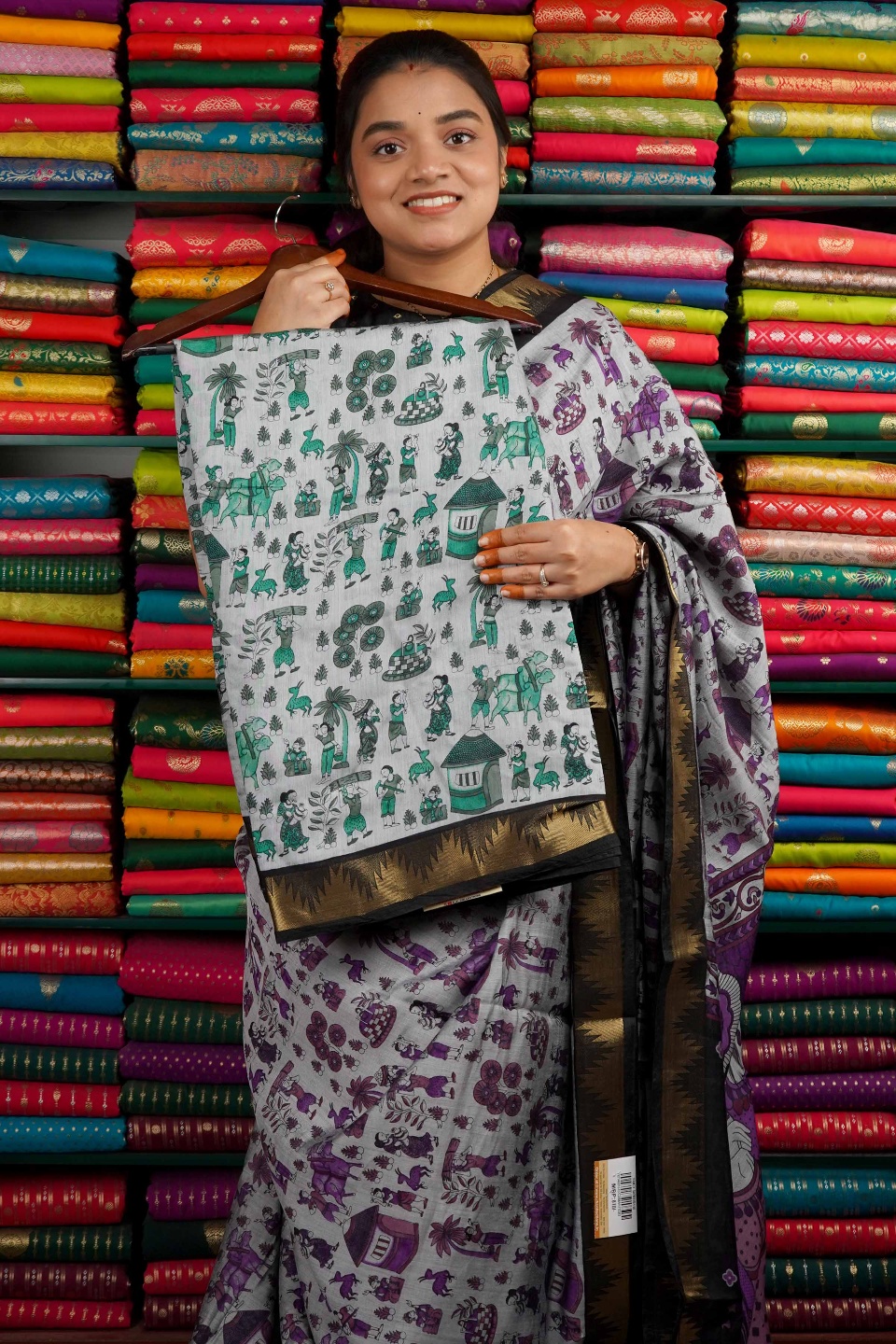 Semi Maheswari Silk Tribal Print Ash And Green Mix And Black Saree