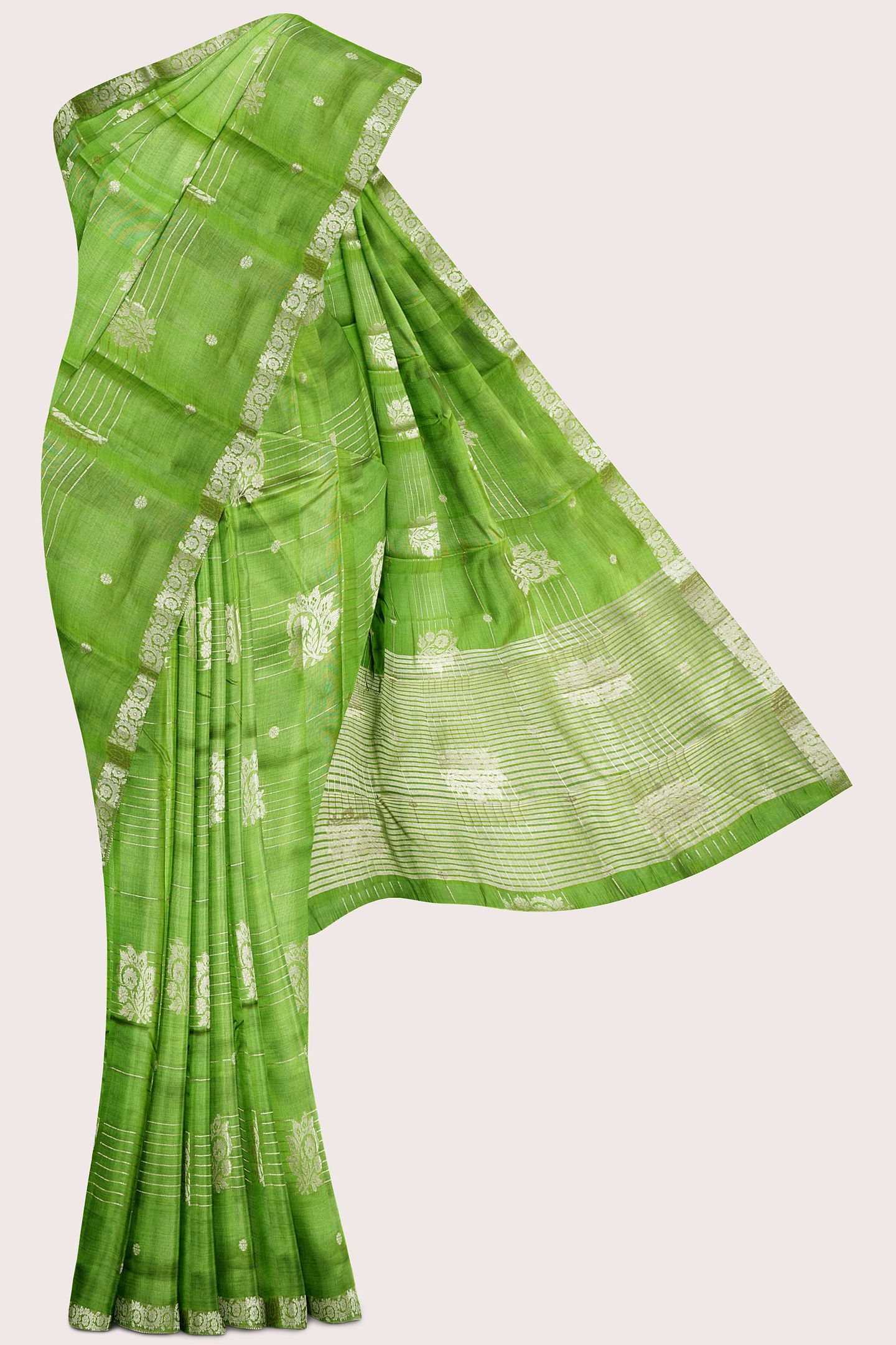 Fancy Semi Tussar Silk Gold Zari Butta Mehandi Green Saree