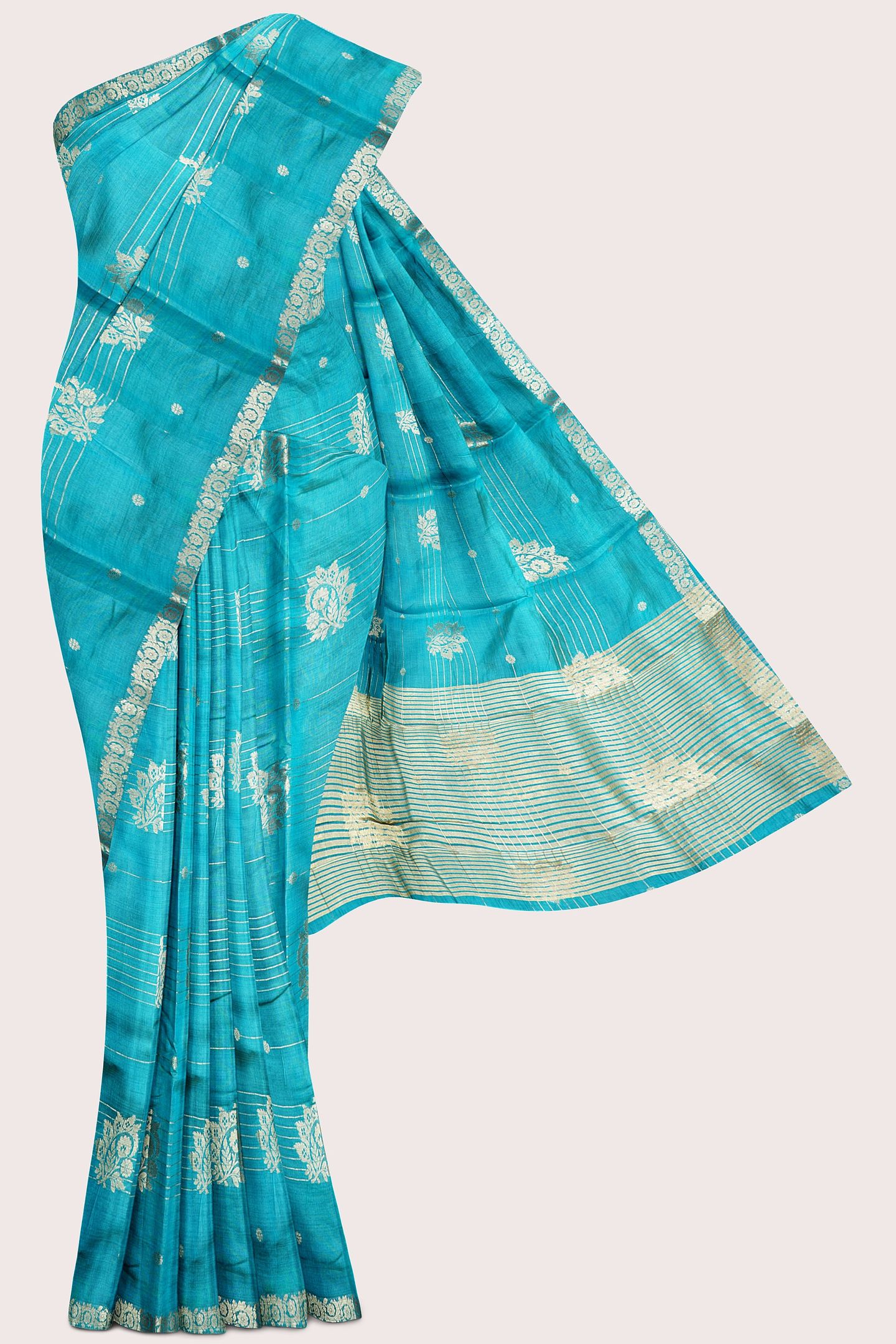 Fancy Semi Tussar Silk Gold Zari Butta Light Blue Saree