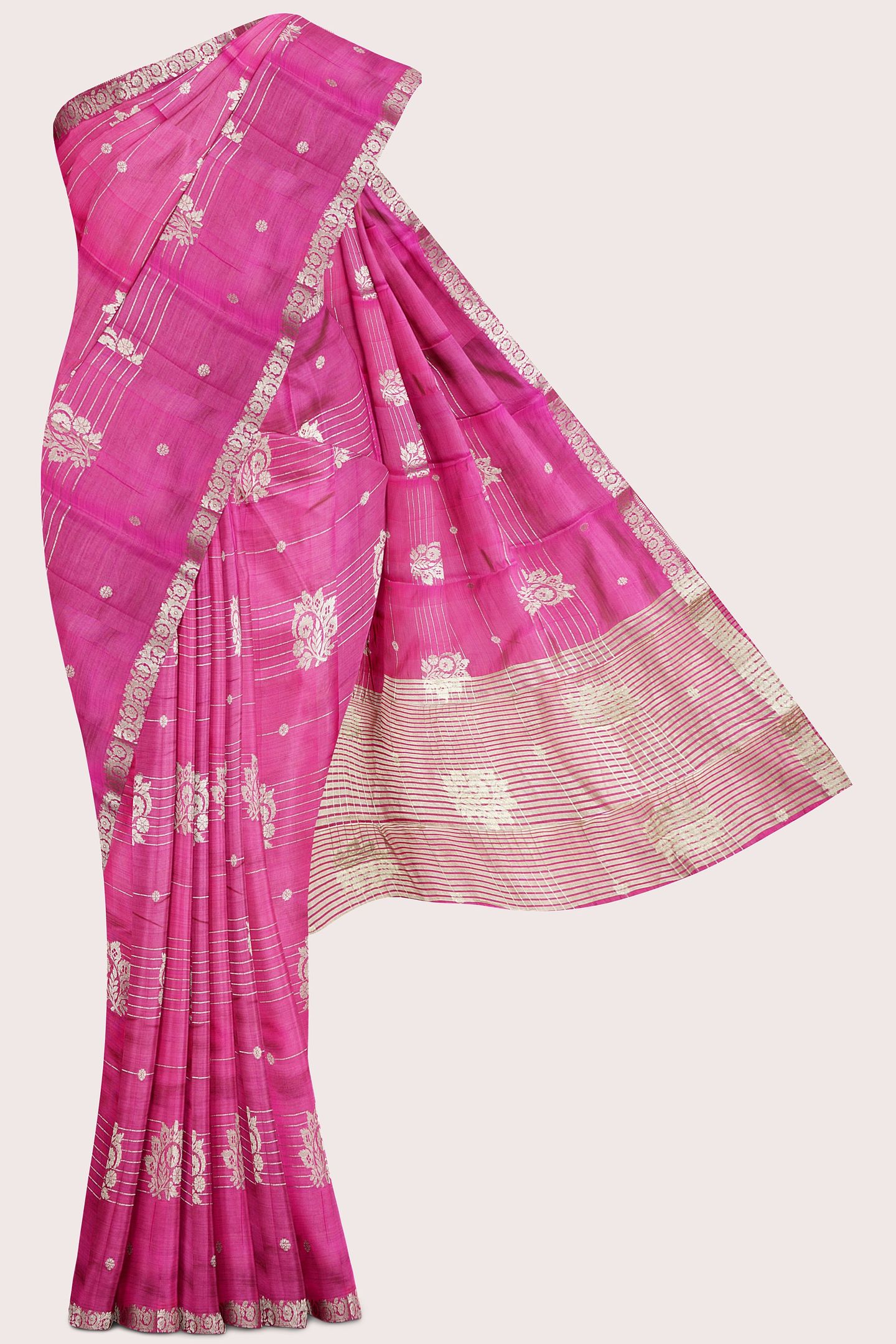 Fancy Semi Tussar Silk Gold Zari Butta Bright Pink Saree