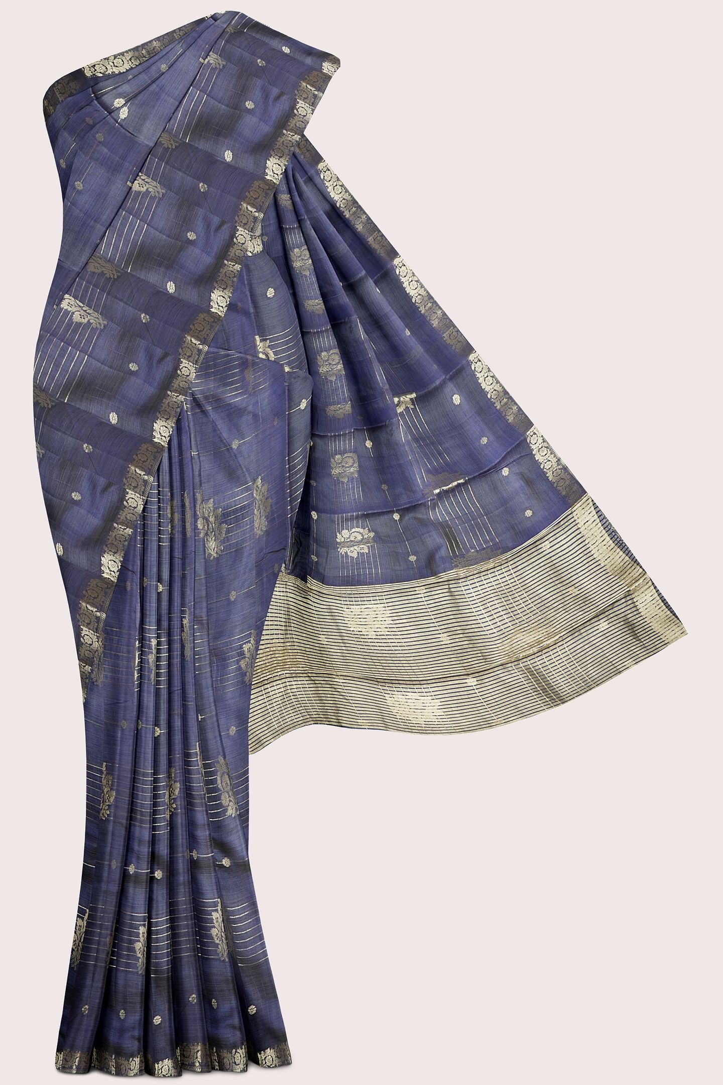 Fancy Semi Tussar Silk Gold Zari Butta Dark Navy Blue Saree