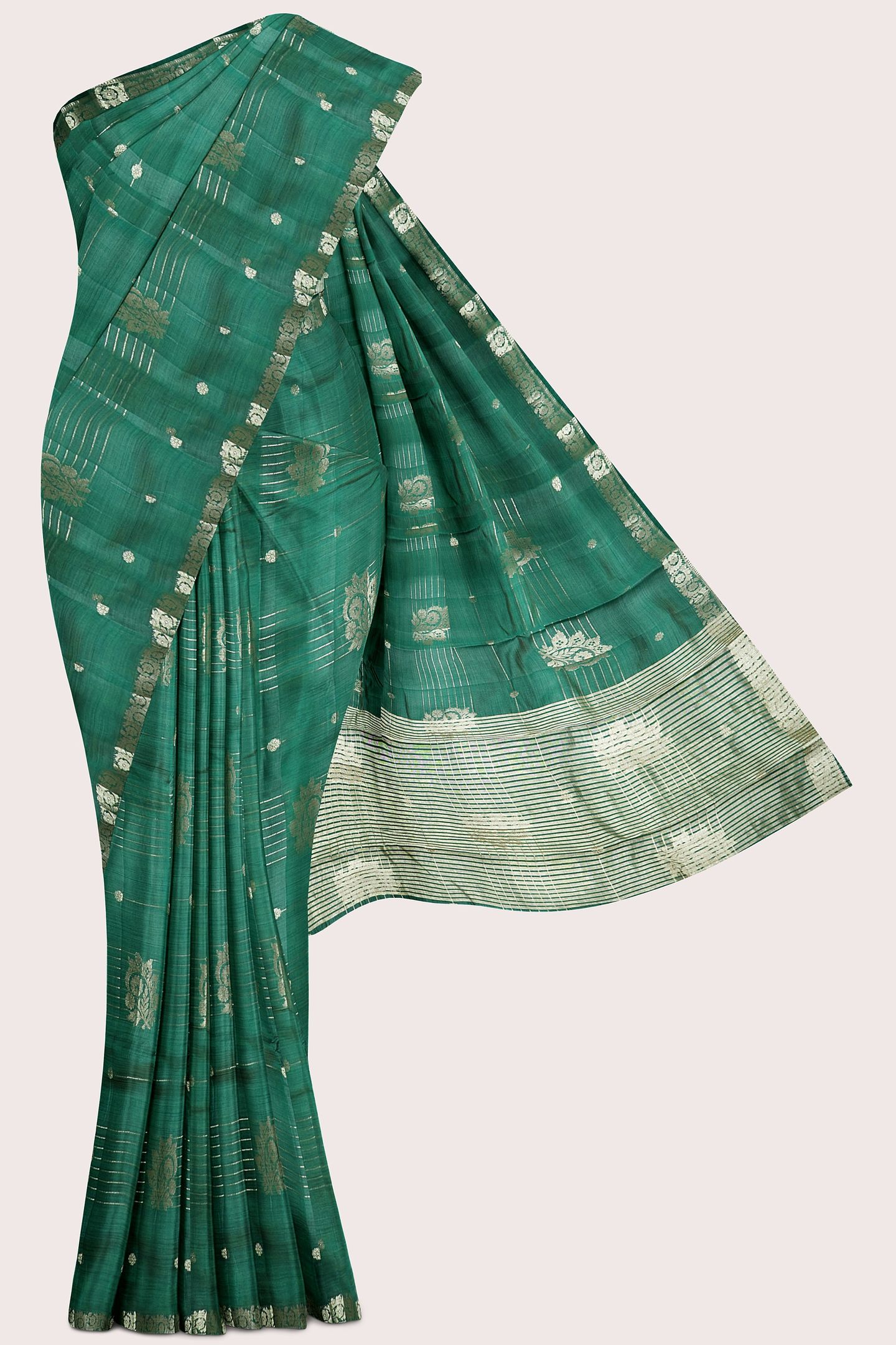 Fancy Semi Tussar Silk Gold Zari Butta Dark Green Saree