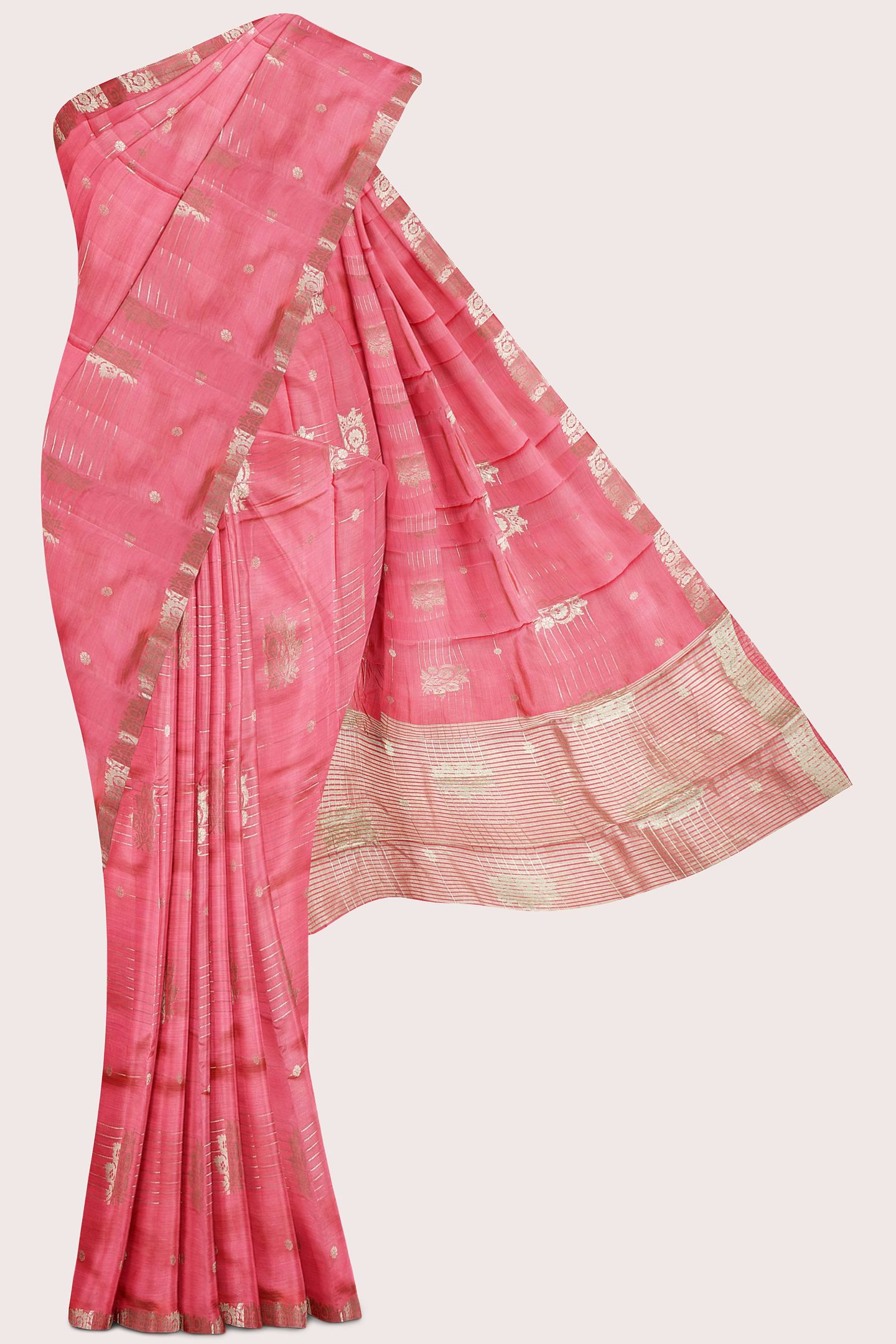 Fancy Semi Tussar Silk Gold Zari Butta Peach Pink Saree