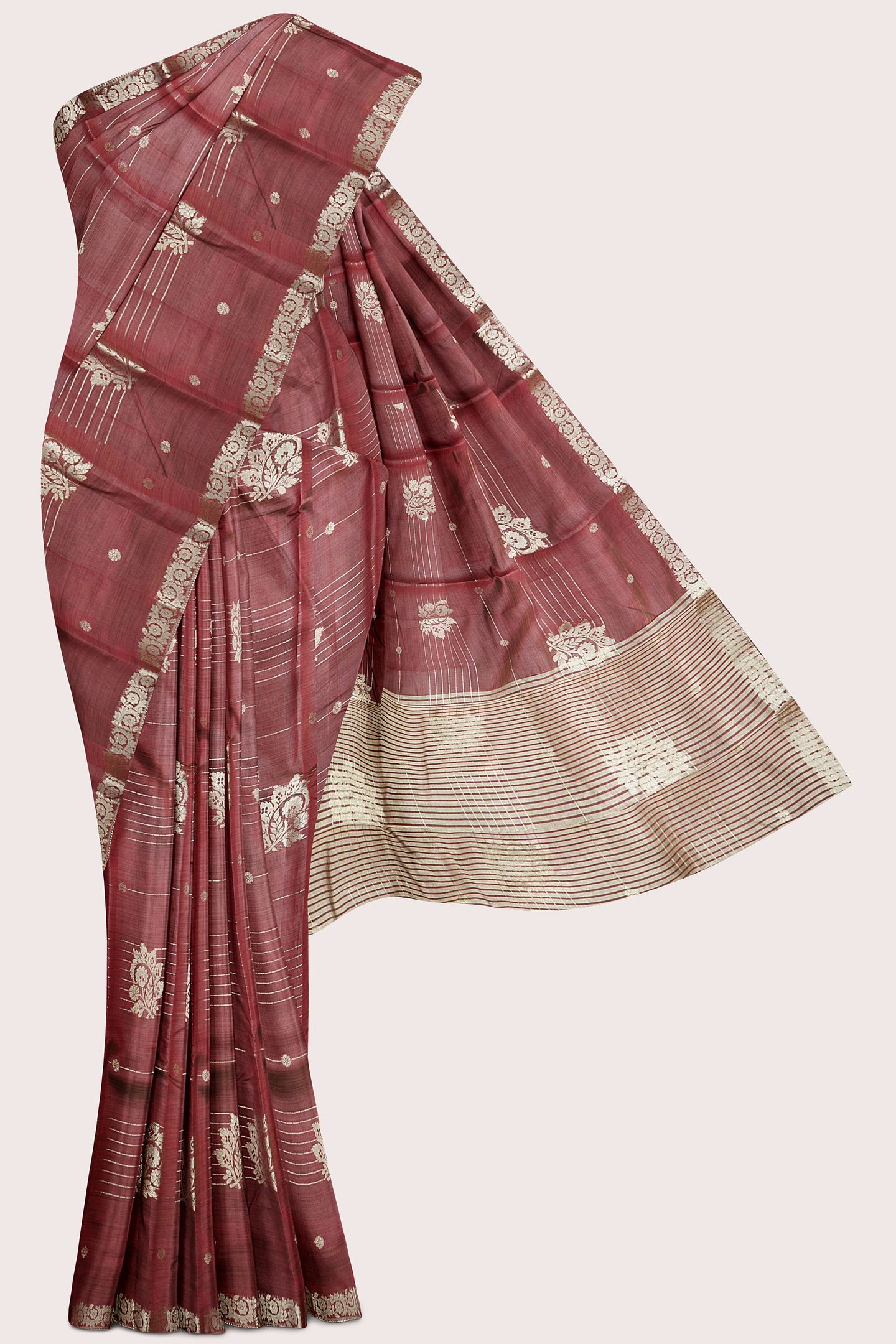 Fancy Semi Tussar Silk Gold Zari  Butta Brown With Maroon Mix Saree