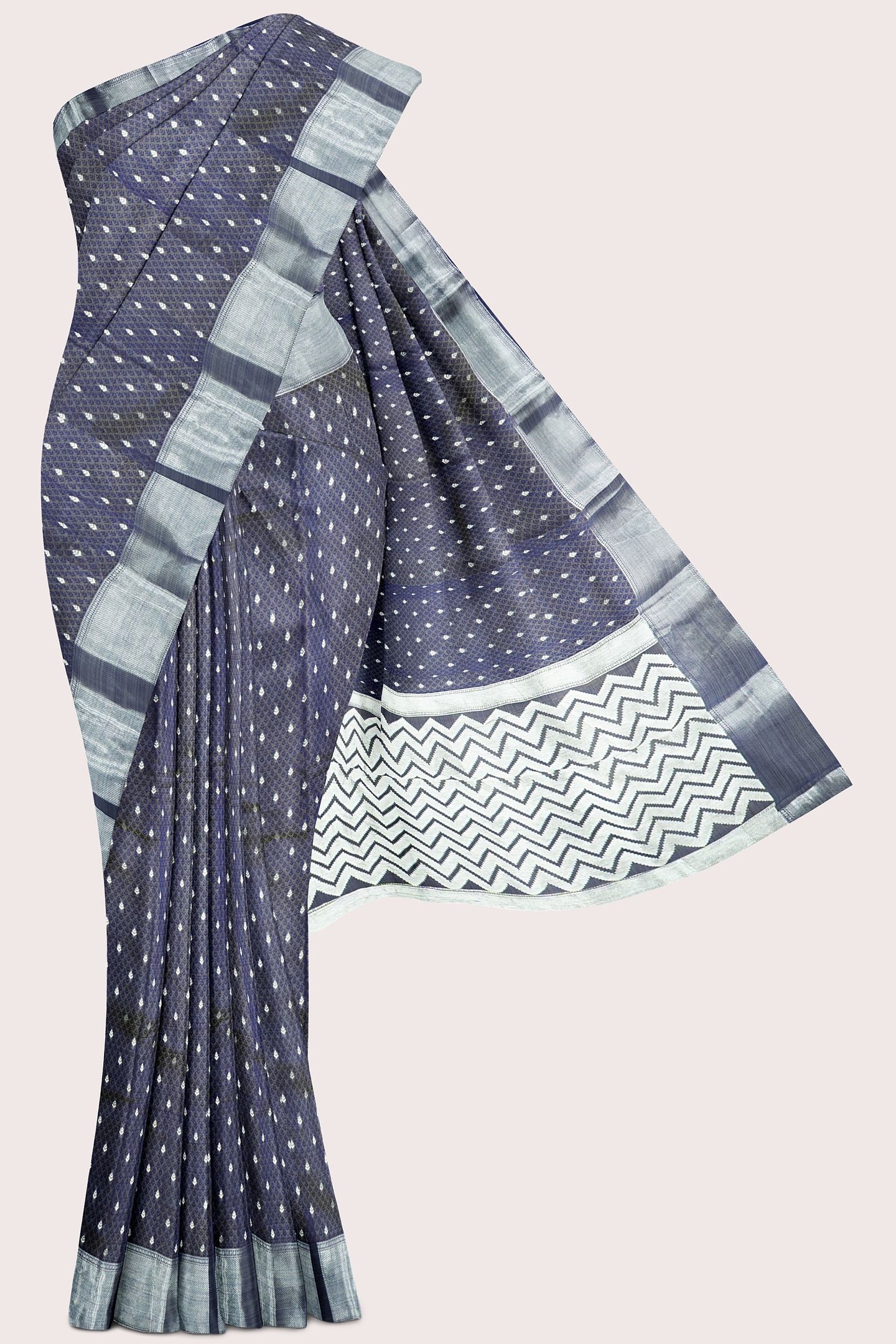 Emboose Silk Silver Zari Weaving Butta Dark Navy Blue Saree