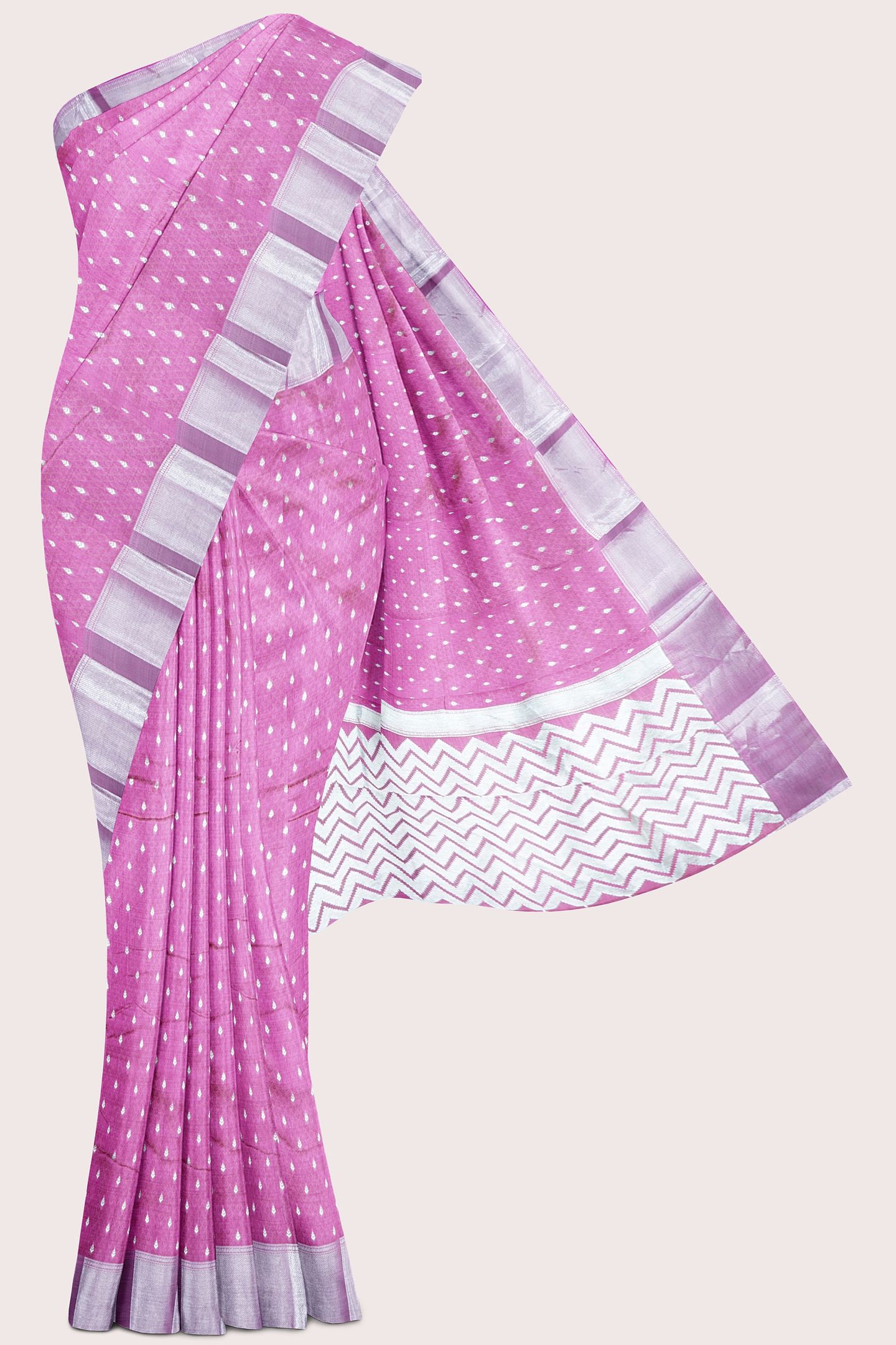 Emboose Silk Silver Zari Weaving Butta Magenta Pink Saree