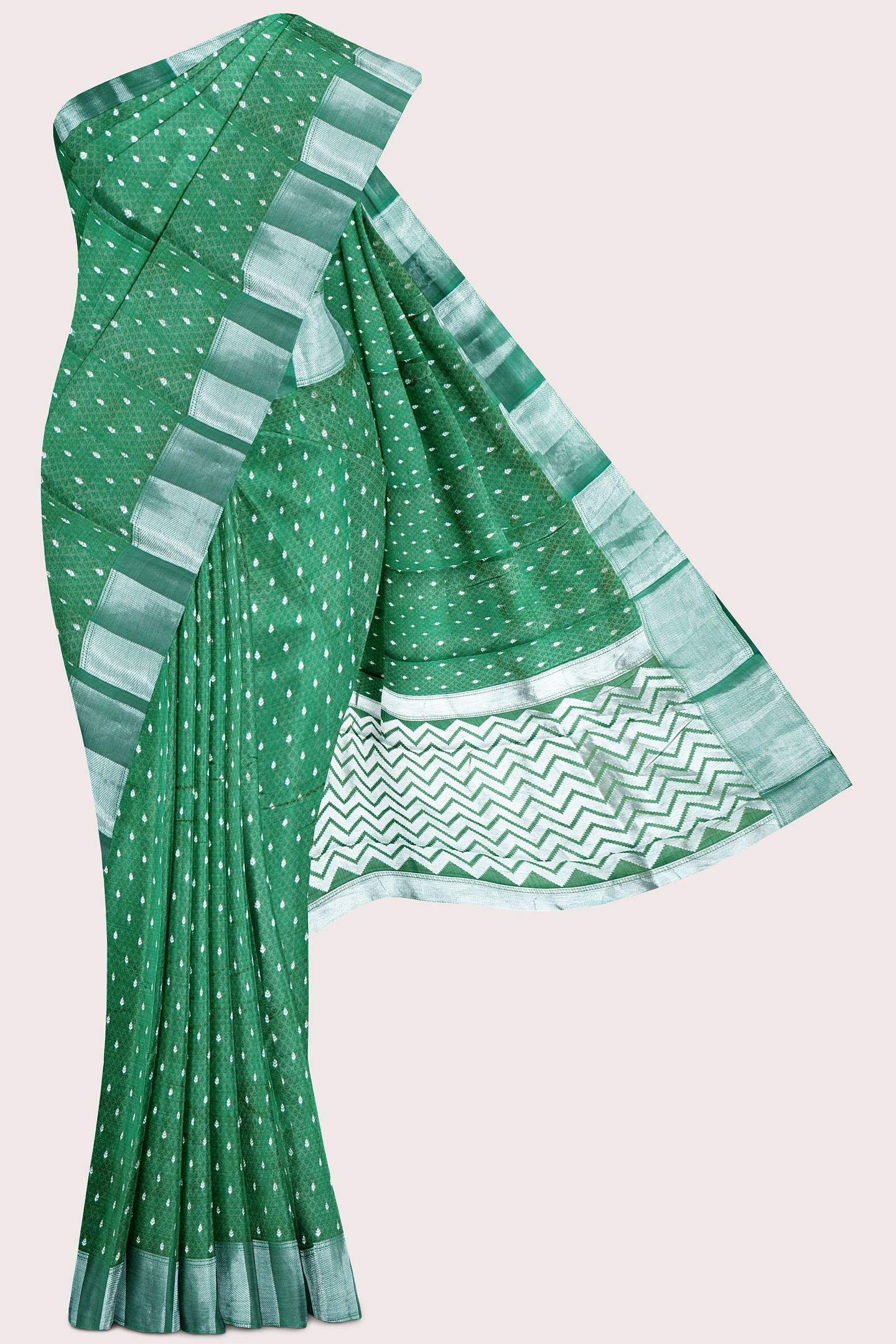 Emboose Silk Silver Zari Weaving Butta Dark Green Saree