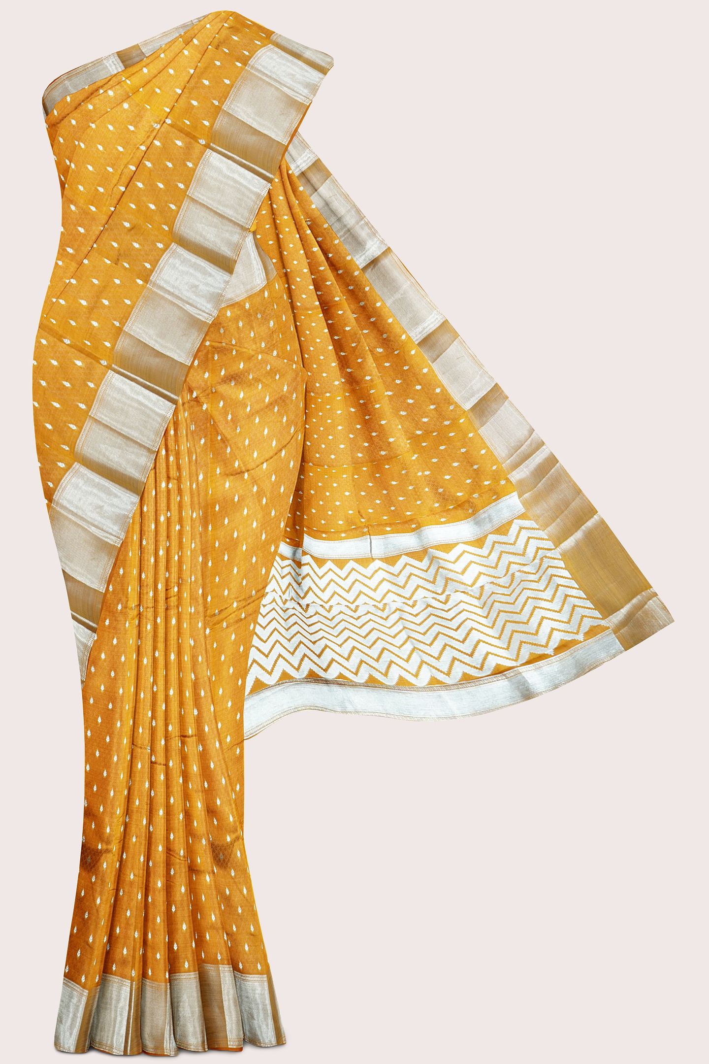 Emboose Silk Silver Zari Weaving Butta Mustard Yellow Saree
