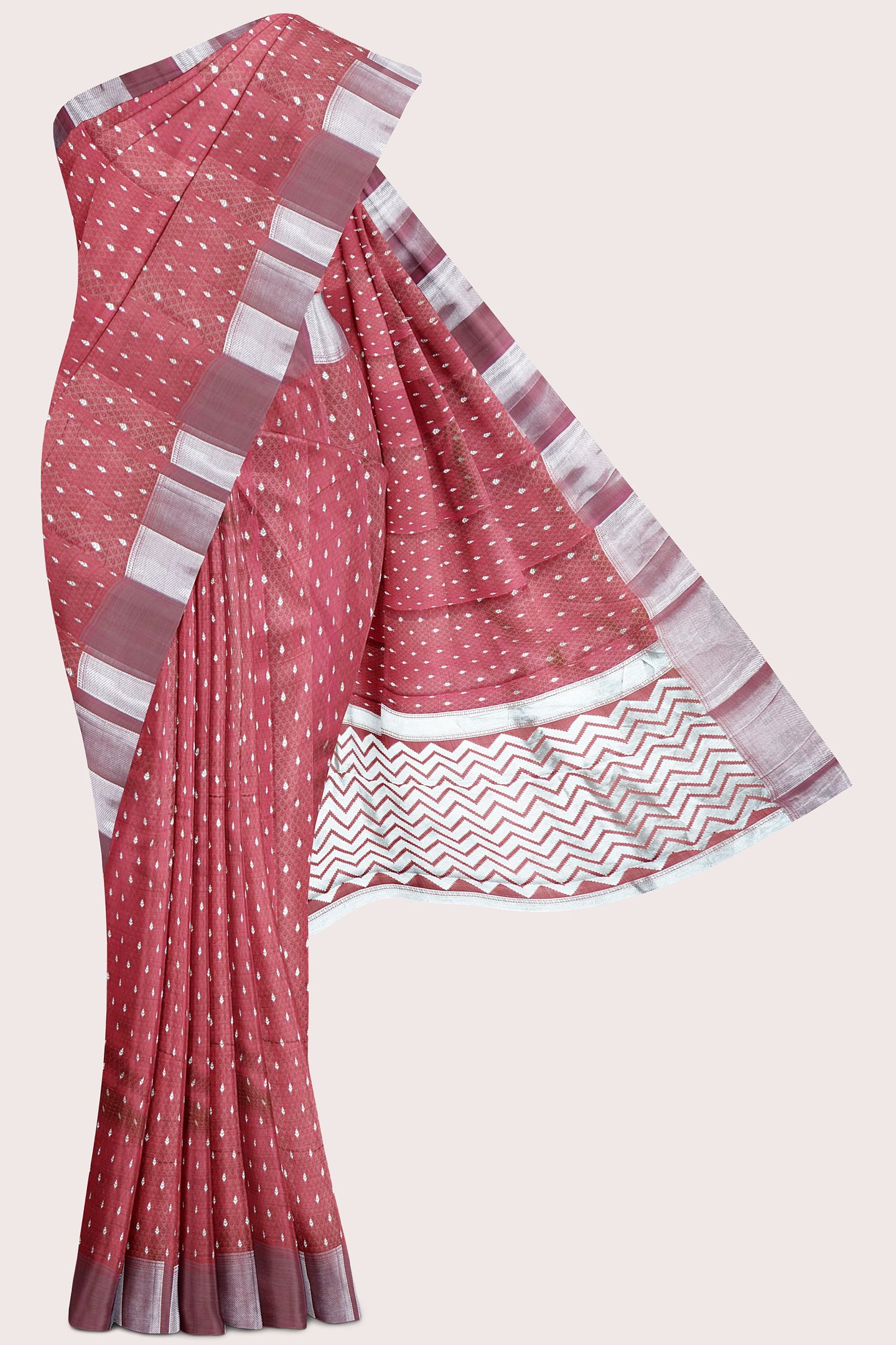 Emboose Silk Silver Zari Weaving Butta Bright Maroon Saree
