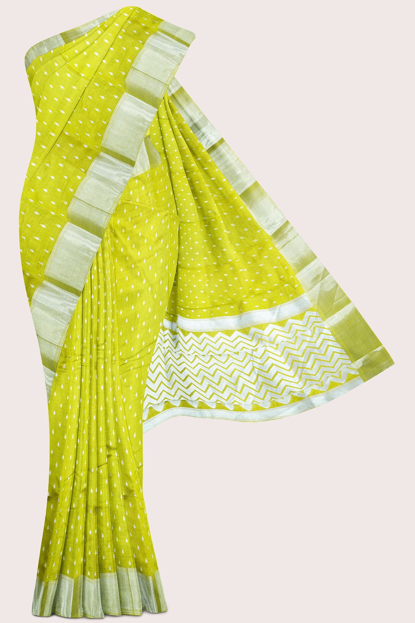 Emboose Silk Silver Zari Weaving Butta Pesara Green Saree