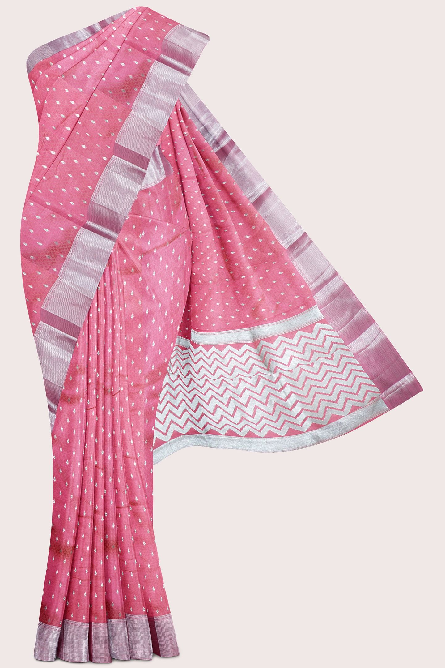 Emboose Silk Silver Zari Weaving Butta Peach Pink Saree