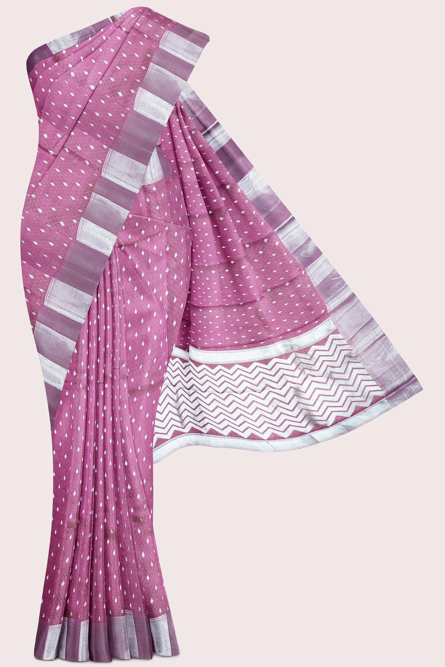 Emboose Silk Silver Zari Weaving Butta Dark Magenta Pink Saree