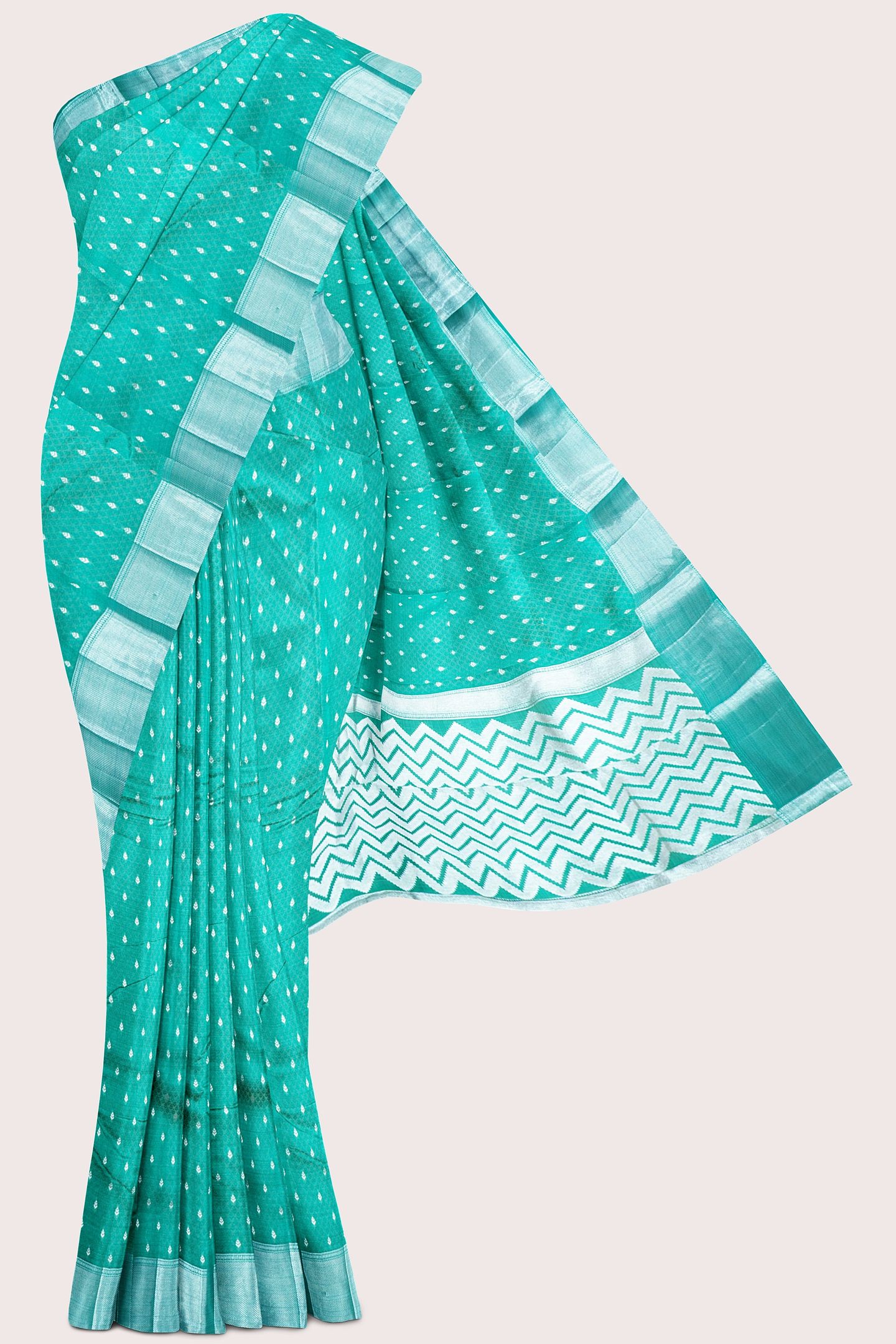 Emboose Silk Silver Zari Weaving Butta Green Saree