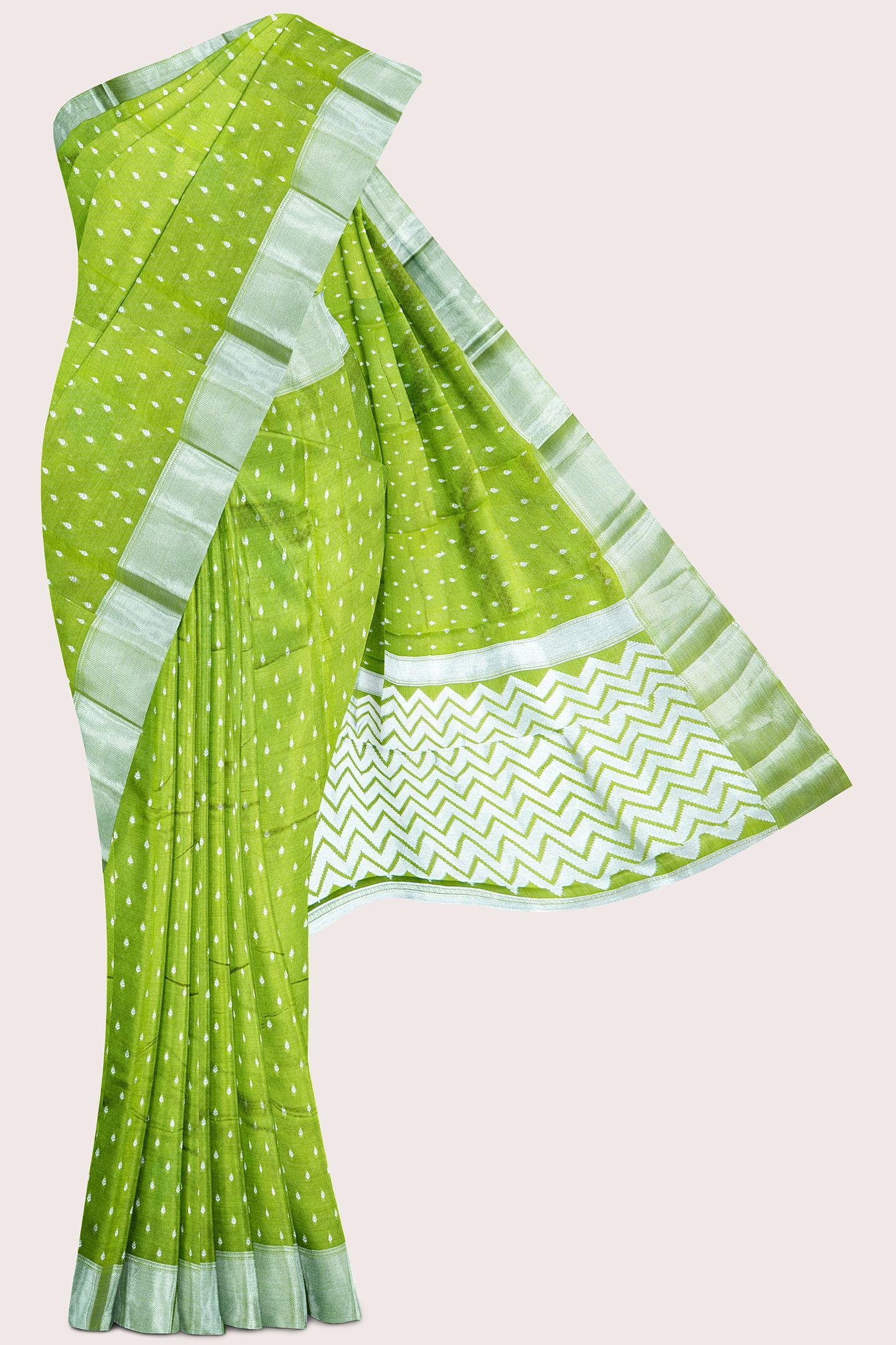 Emboose Silk Silver Zari Weaving Butta Mehandi Green Saree