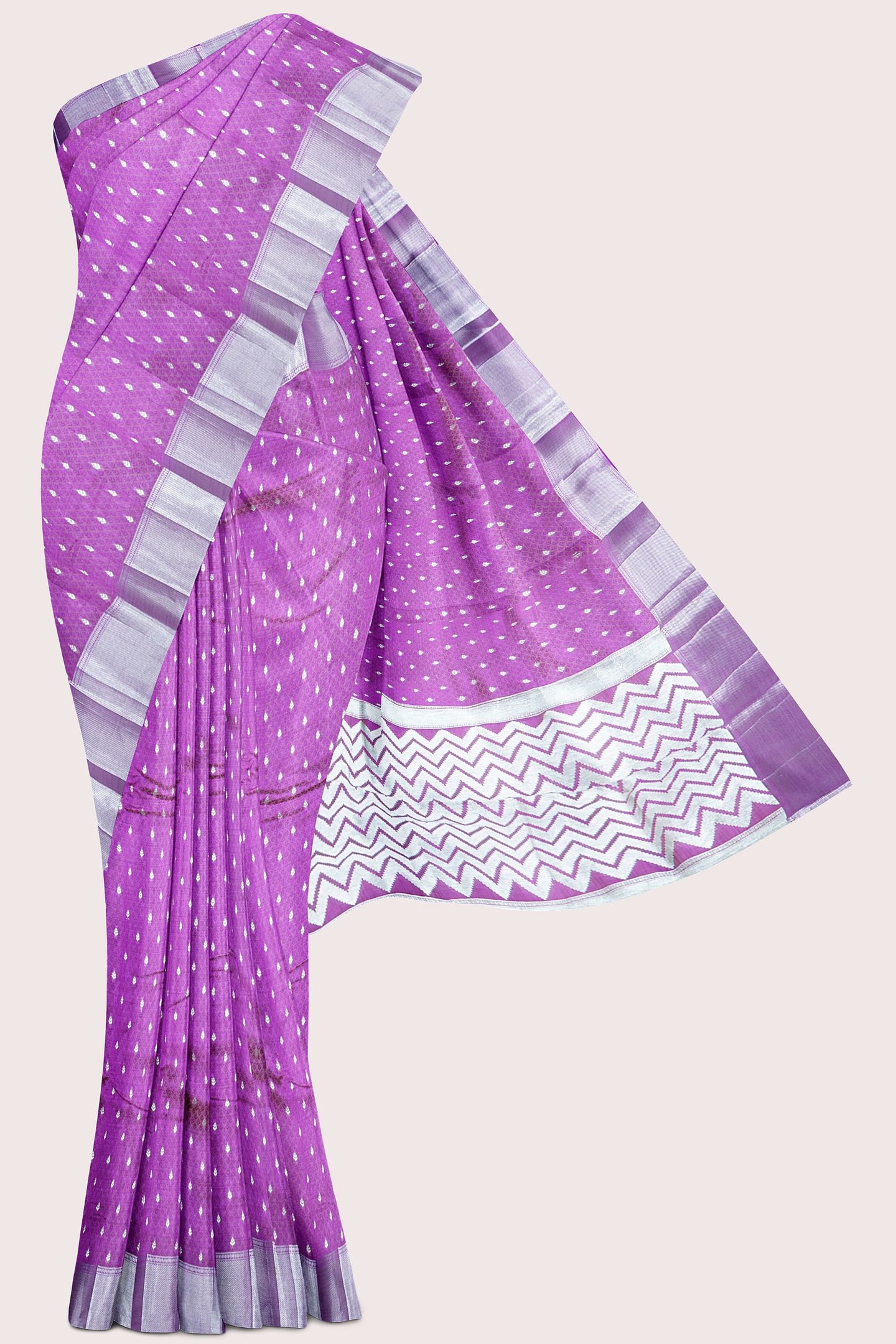 Emboose Silk Silver Zari Weaving Butta Dark Brinjal Saree