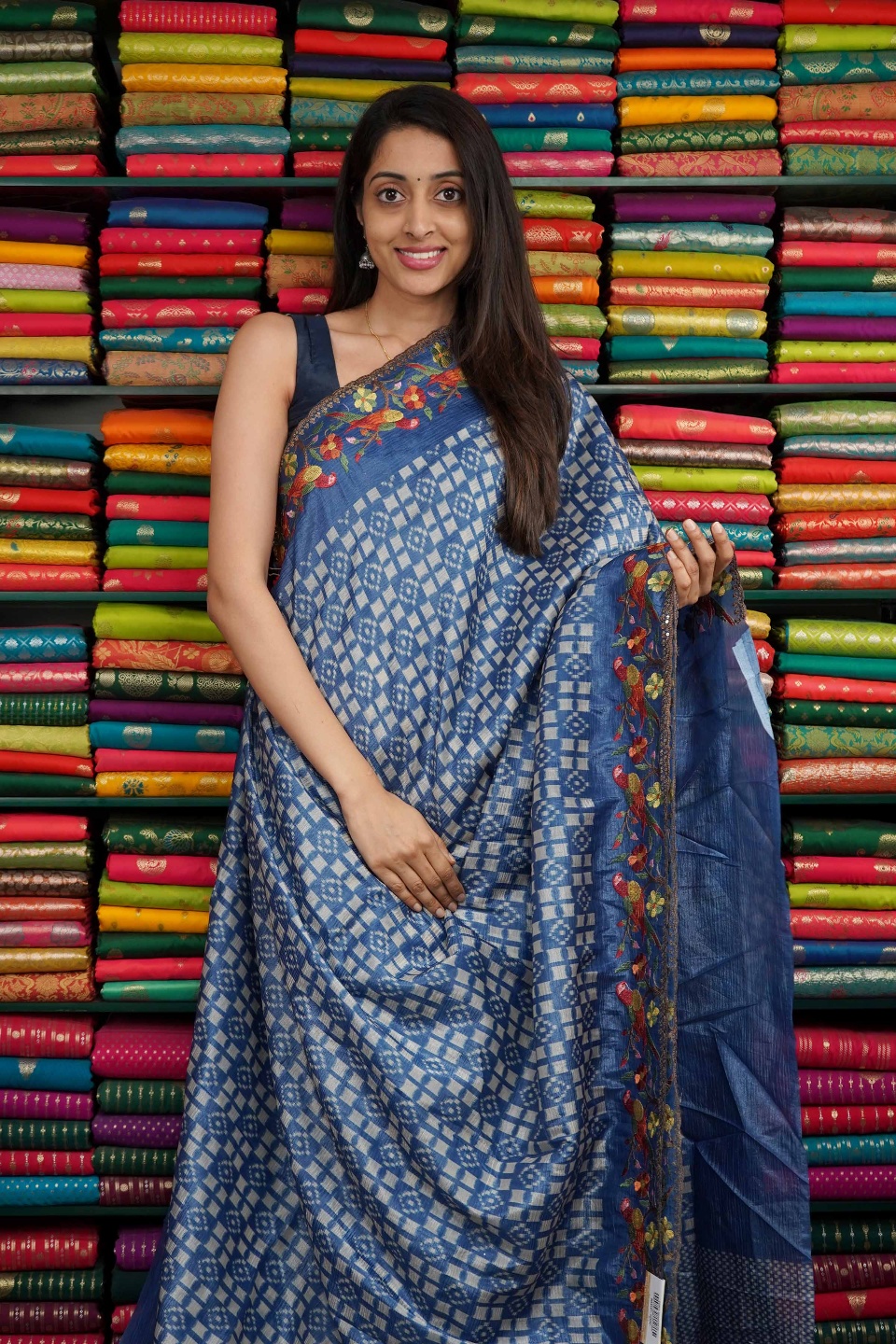 Fancy Tussur Print With Embroidery Border Dark Blue Saree
