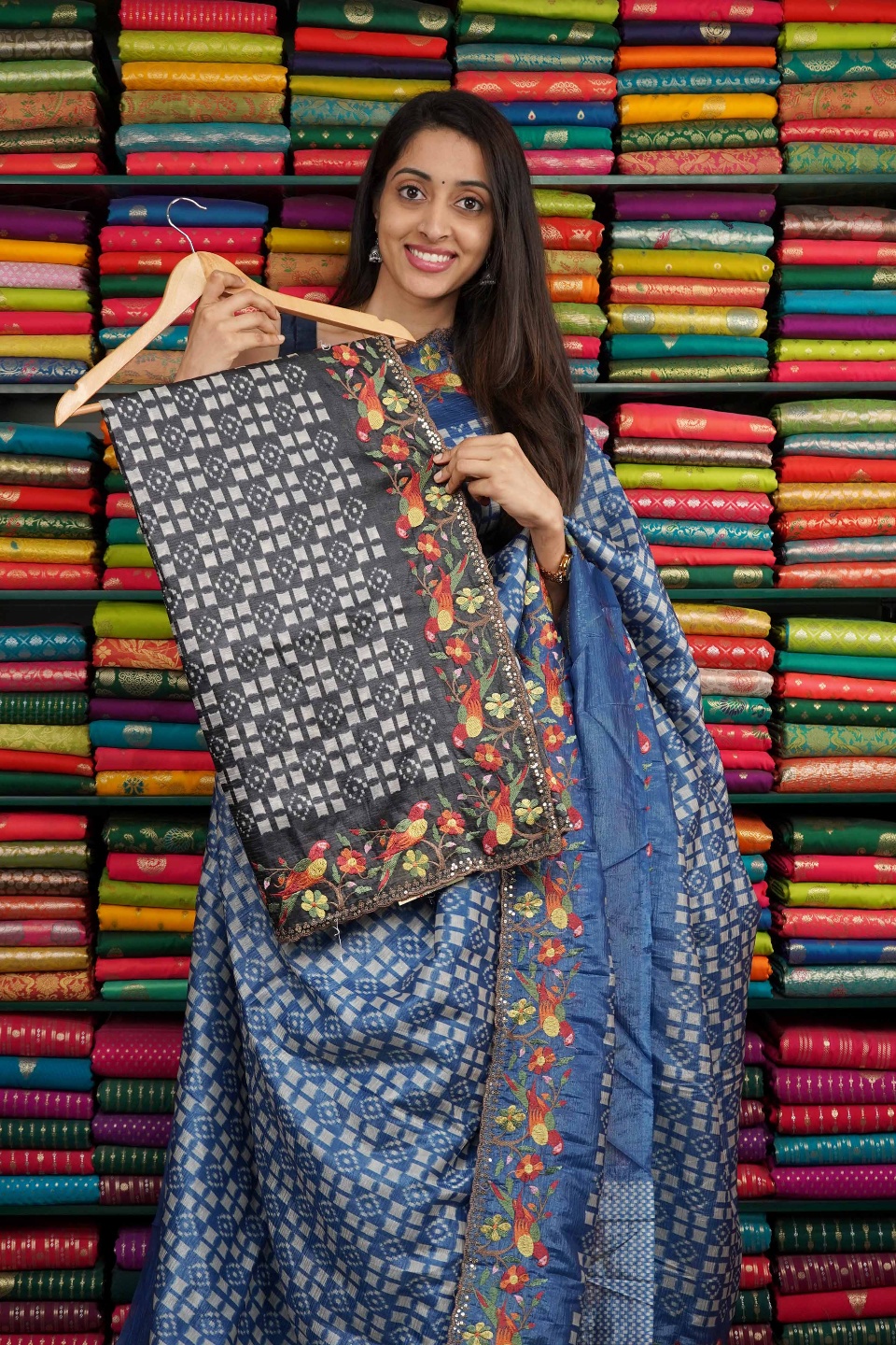 Fancy Tussur Print With Embroidery Border Black Saree