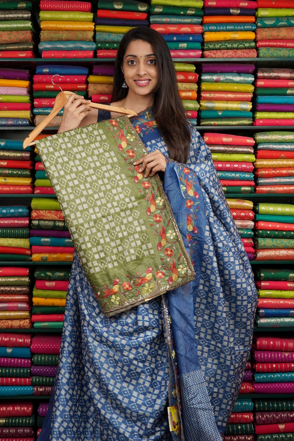 Fancy Tussur Print With Embroidery Border Green Saree