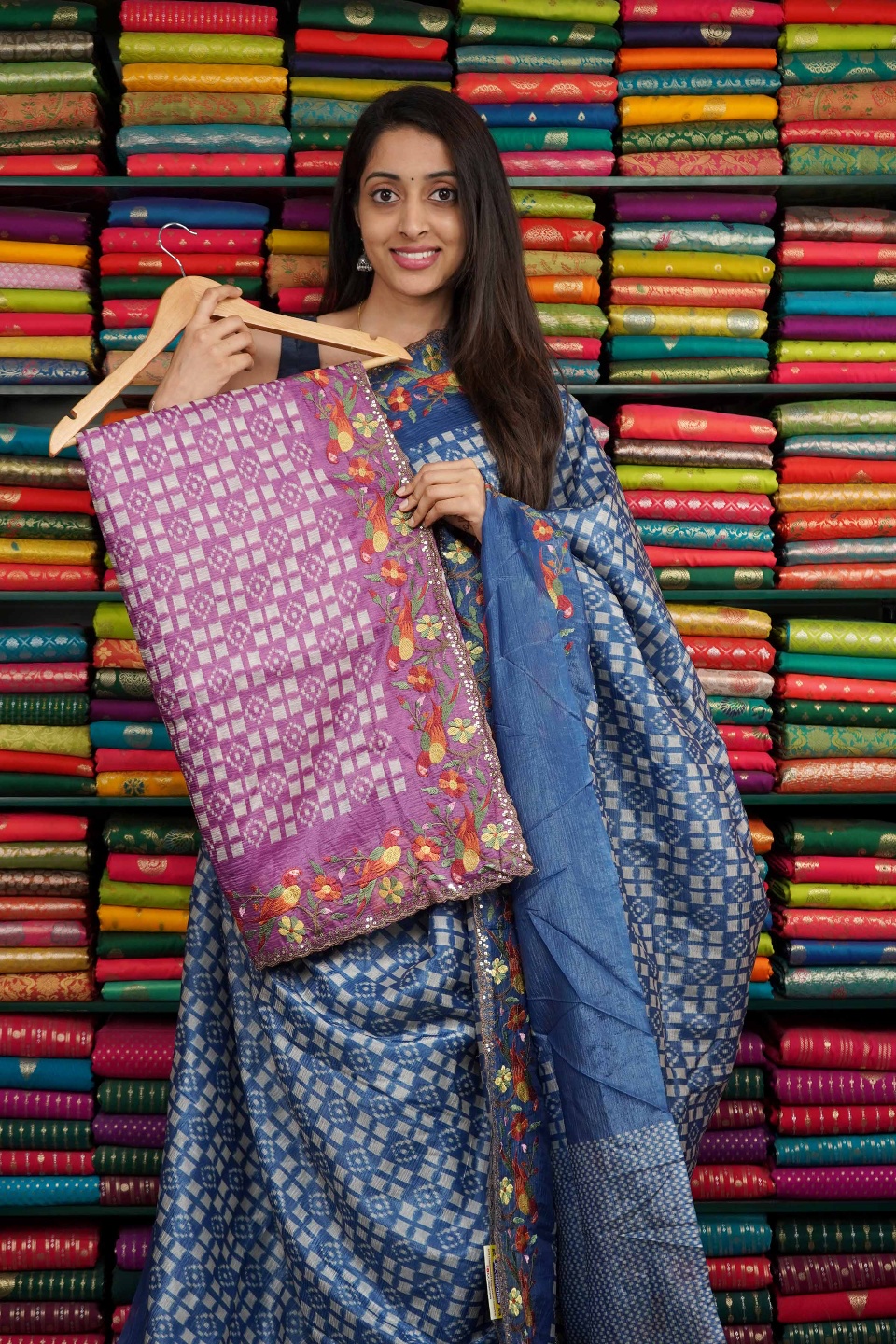 Fancy Tussur Print With Embroidery Border Dark Lavendar Saree