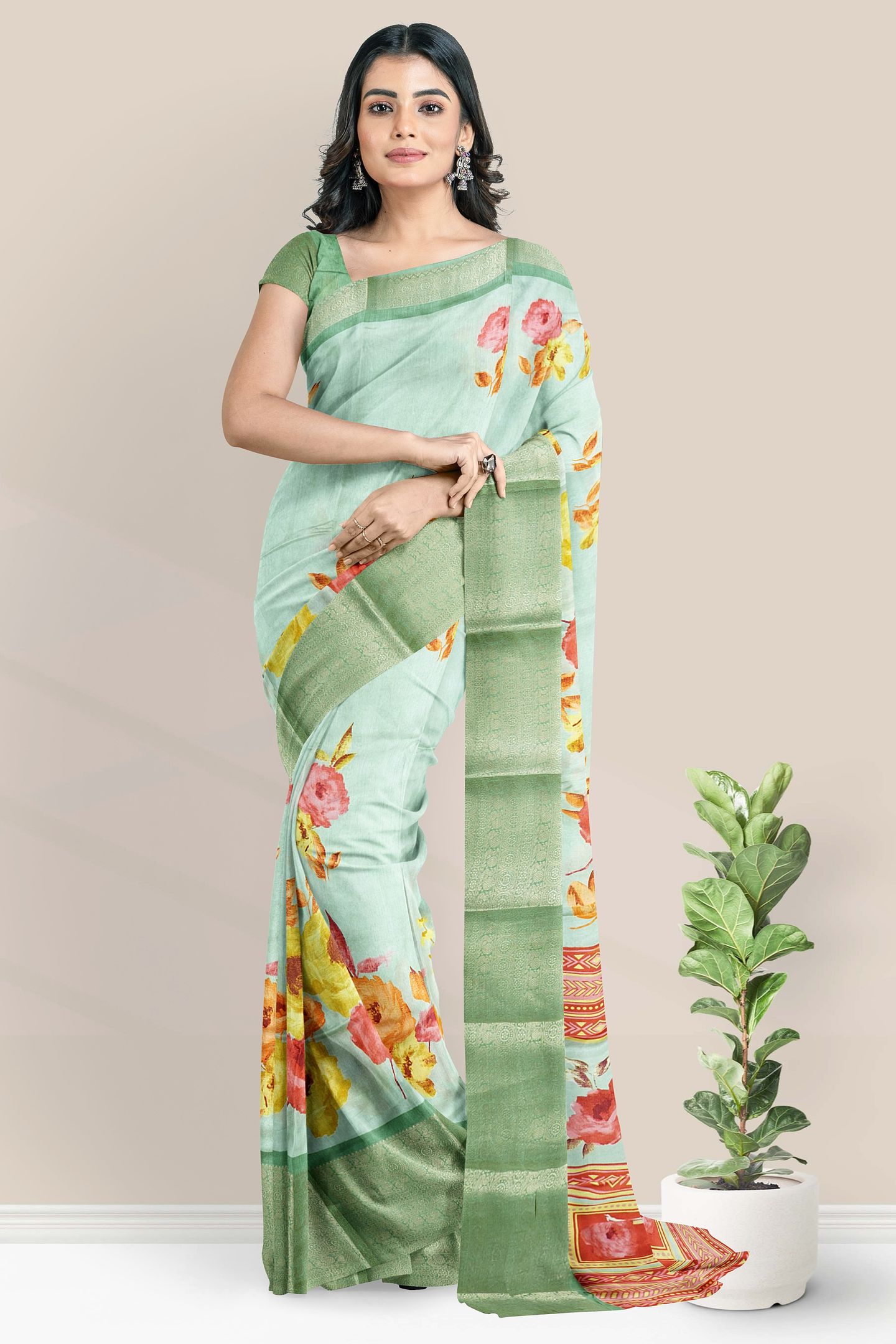 Italian Crepe Silk Floral Digital Print Pista Green Saree