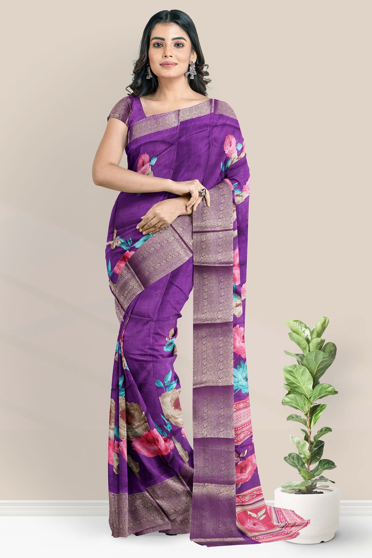 Italian Crepe Silk Floral Digital Print Dark Purple Saree