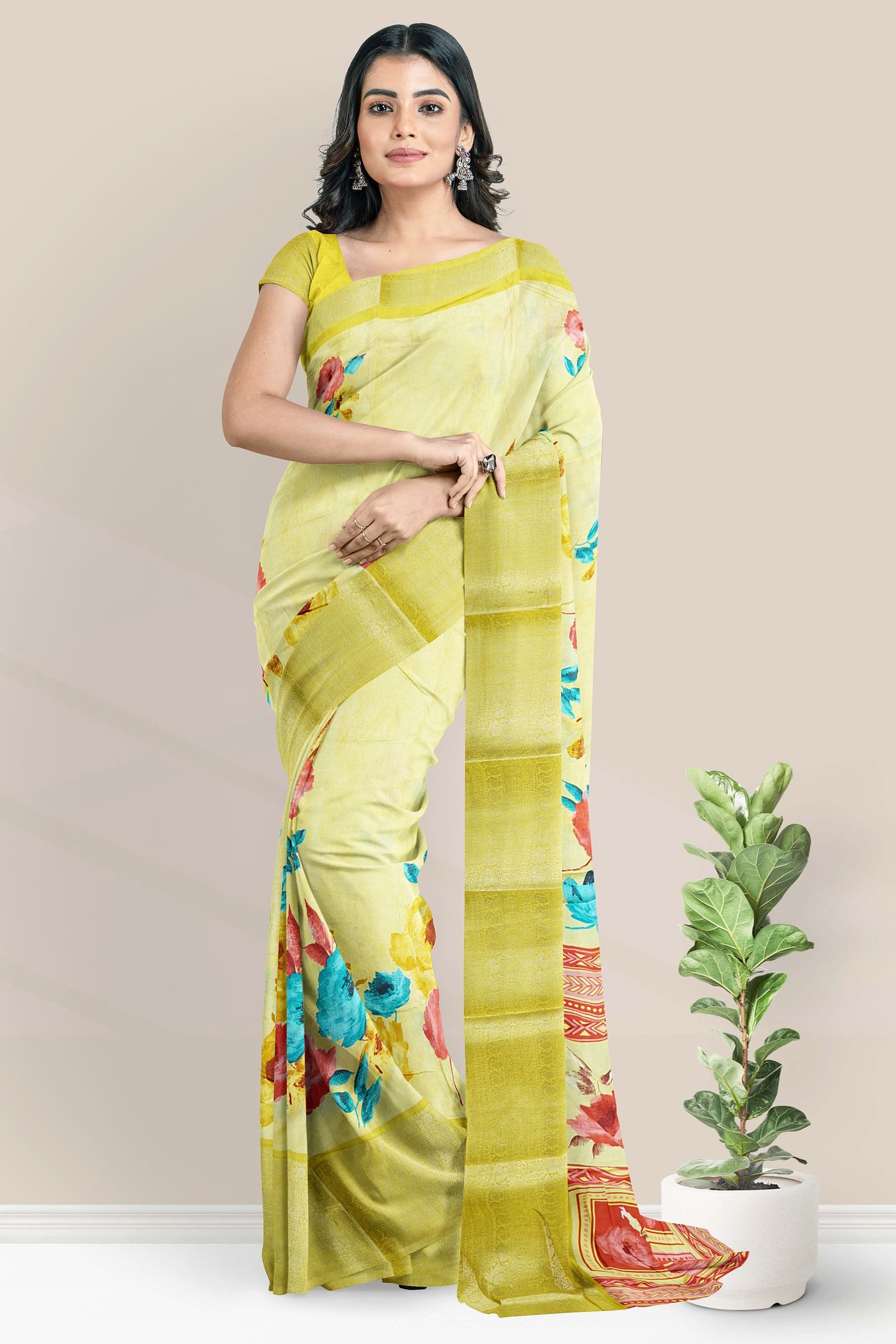Italian Crepe Silk Floral Digital Print Lemon Yellow Saree