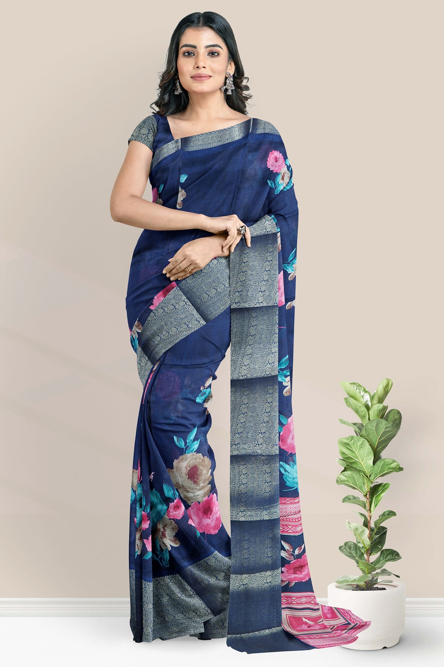 Italian Crepe Silk Floral Digital Print Dark Navy Blue Saree