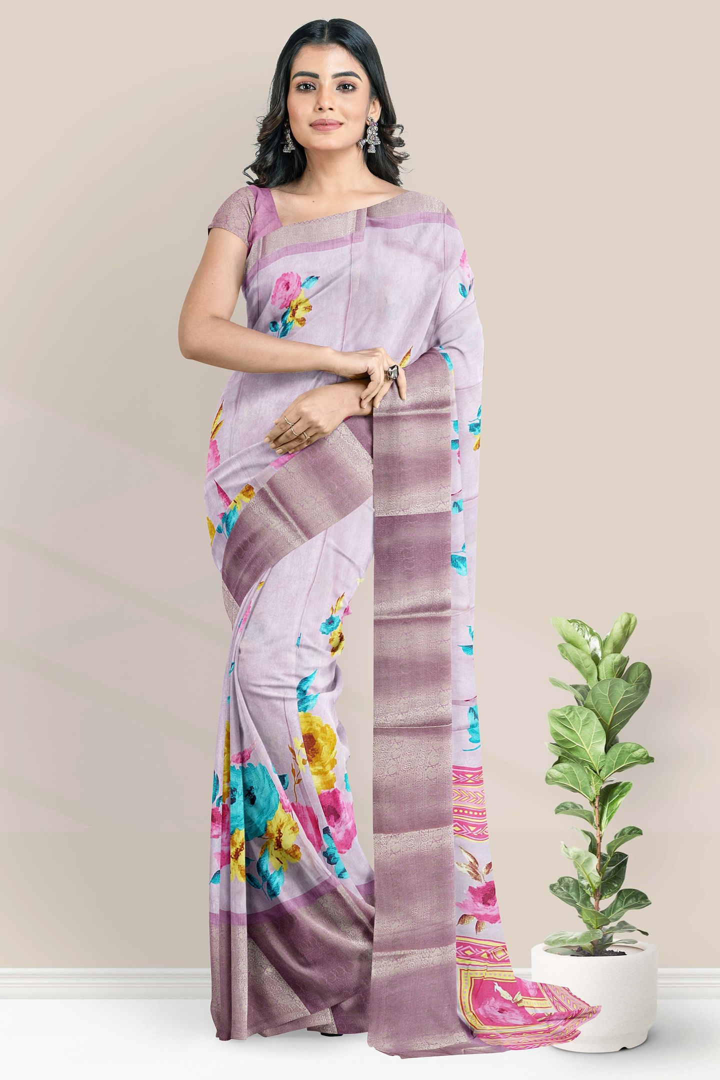 Italian Crepe Silk Floral Digital Print Light Brinjal Saree