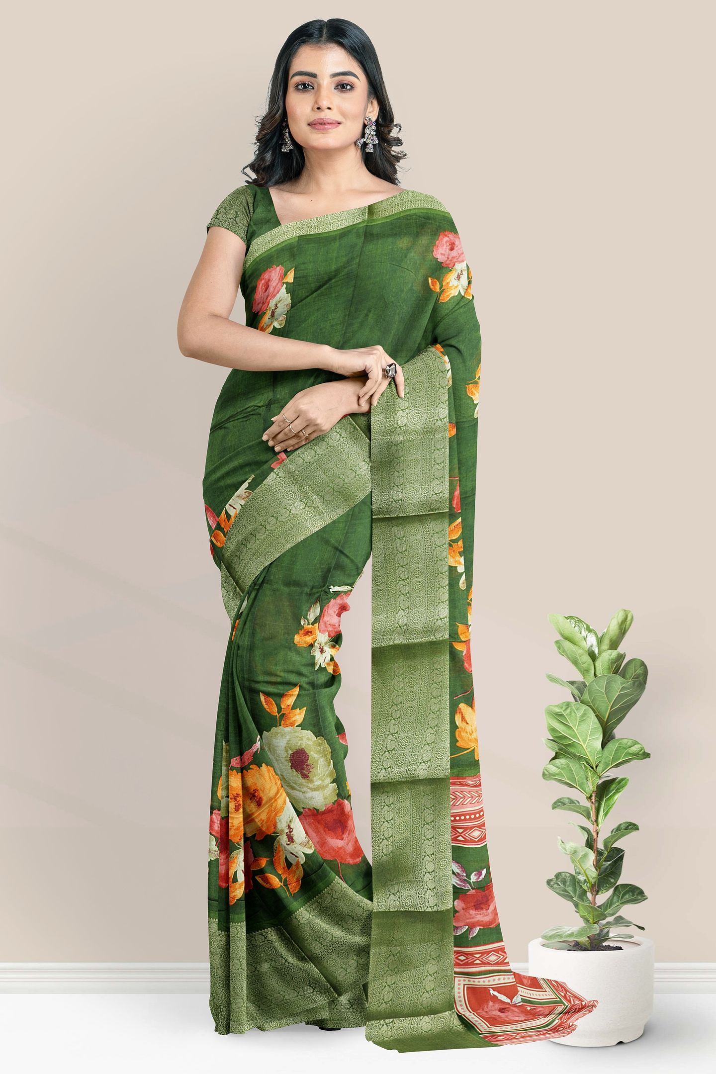 Italian Crepe Silk Floral Digital Print Dark Mehandi Green Saree