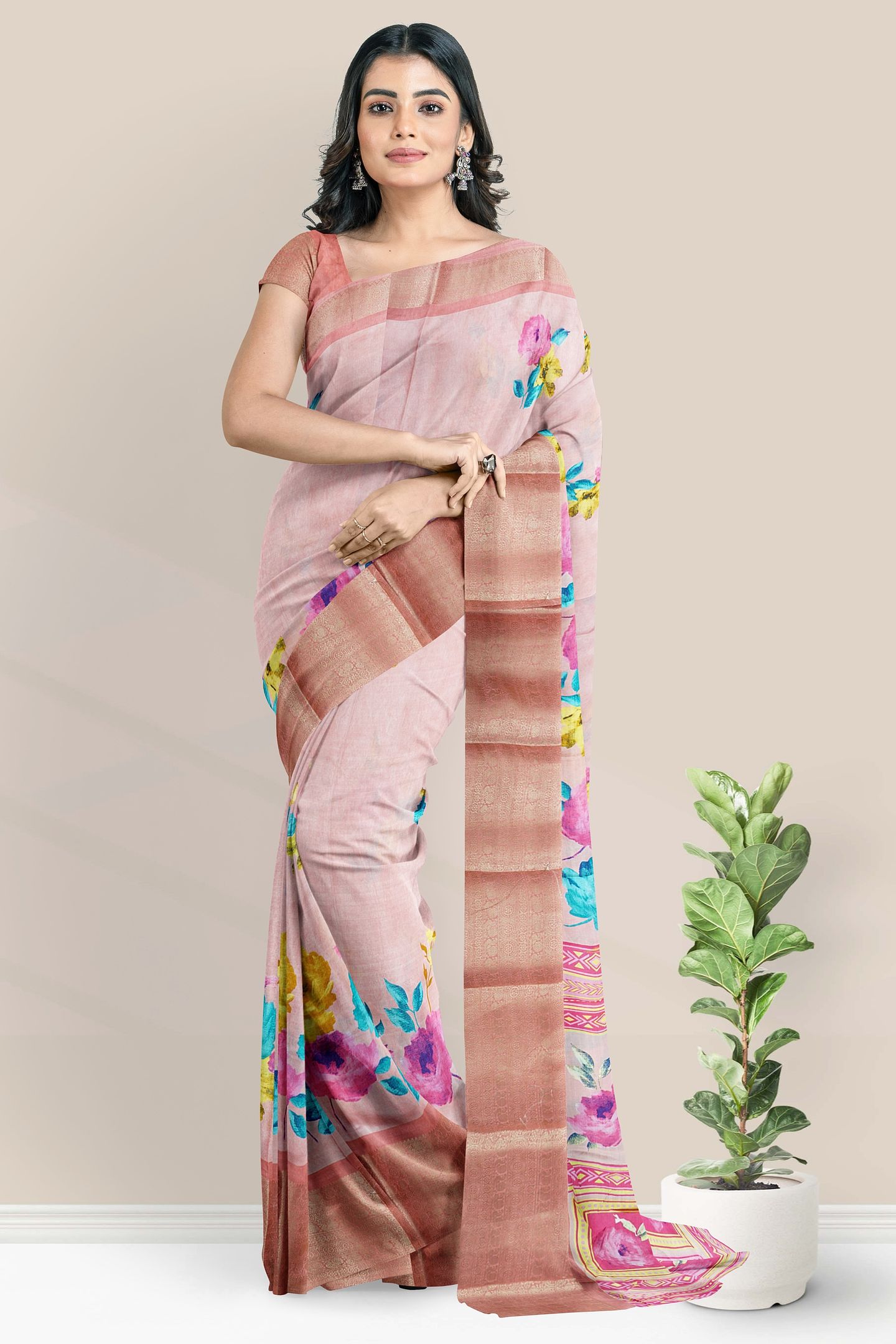 Italian Crepe Silk Floral Digital Print Peach Pink Saree