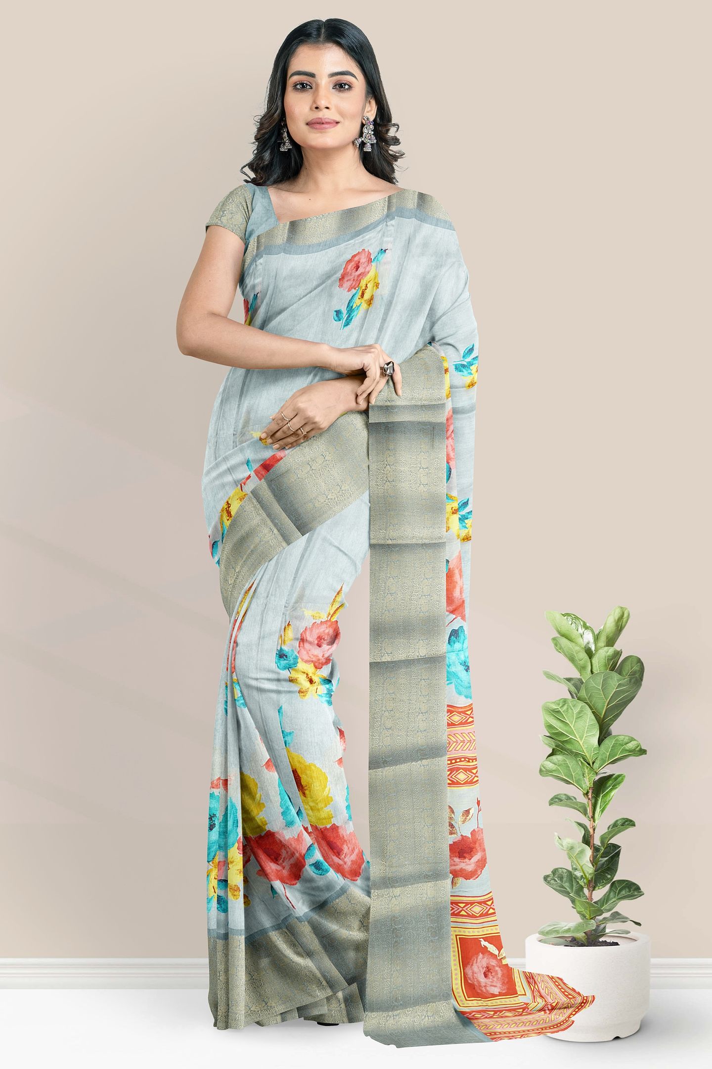 Italian Crepe Silk Floral Digital Print Ash Saree