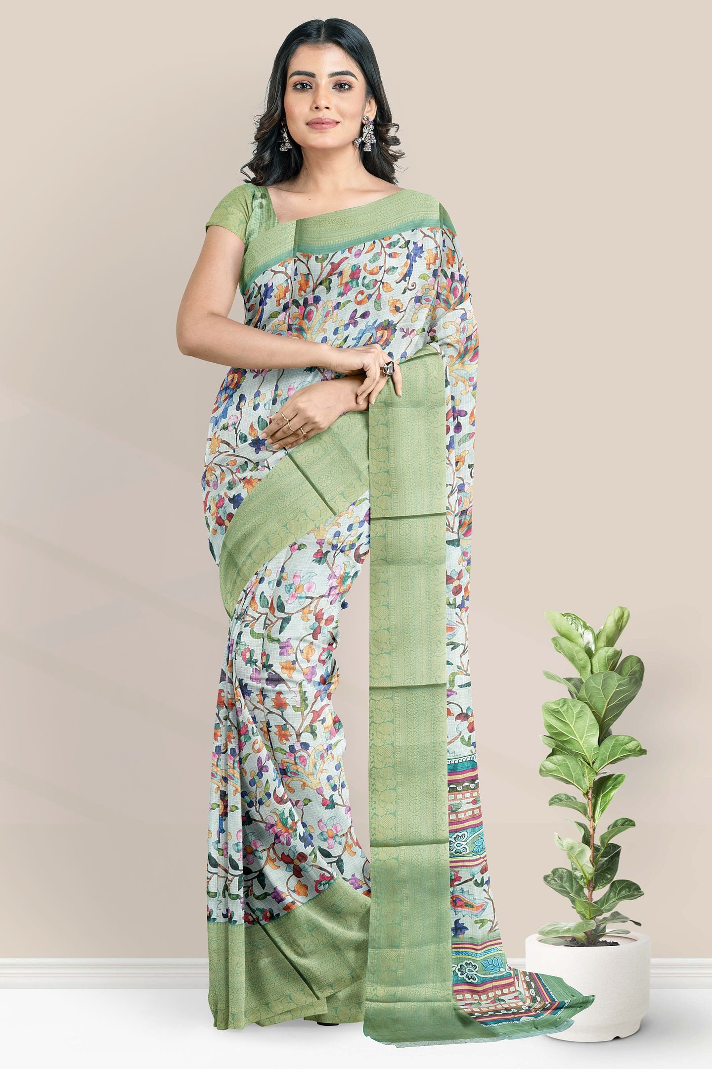 Silk Kota Floral Digital Print Light And Dark Green Saree