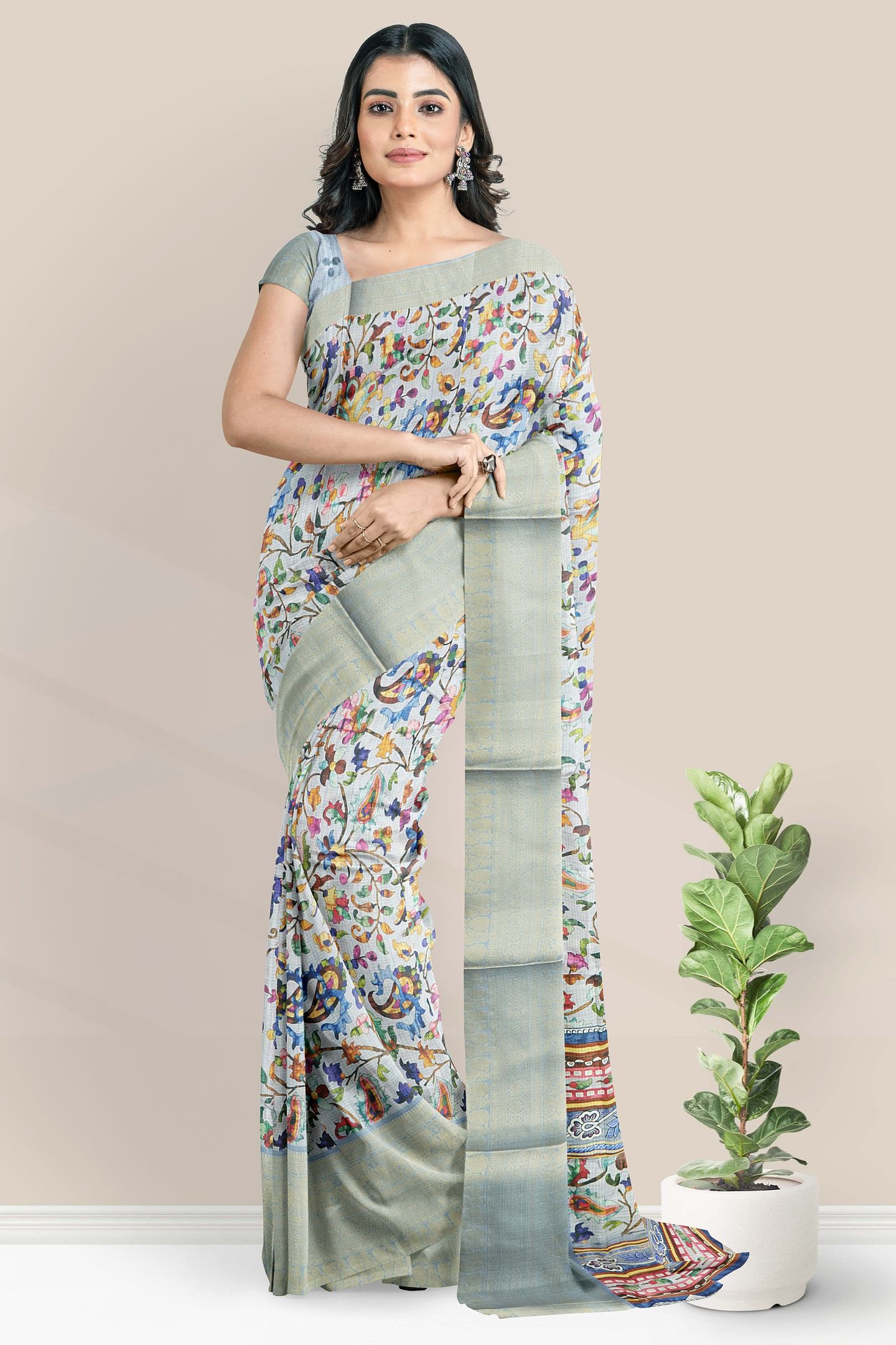 Silk Kota Floral Digital Print Light Blue Saree