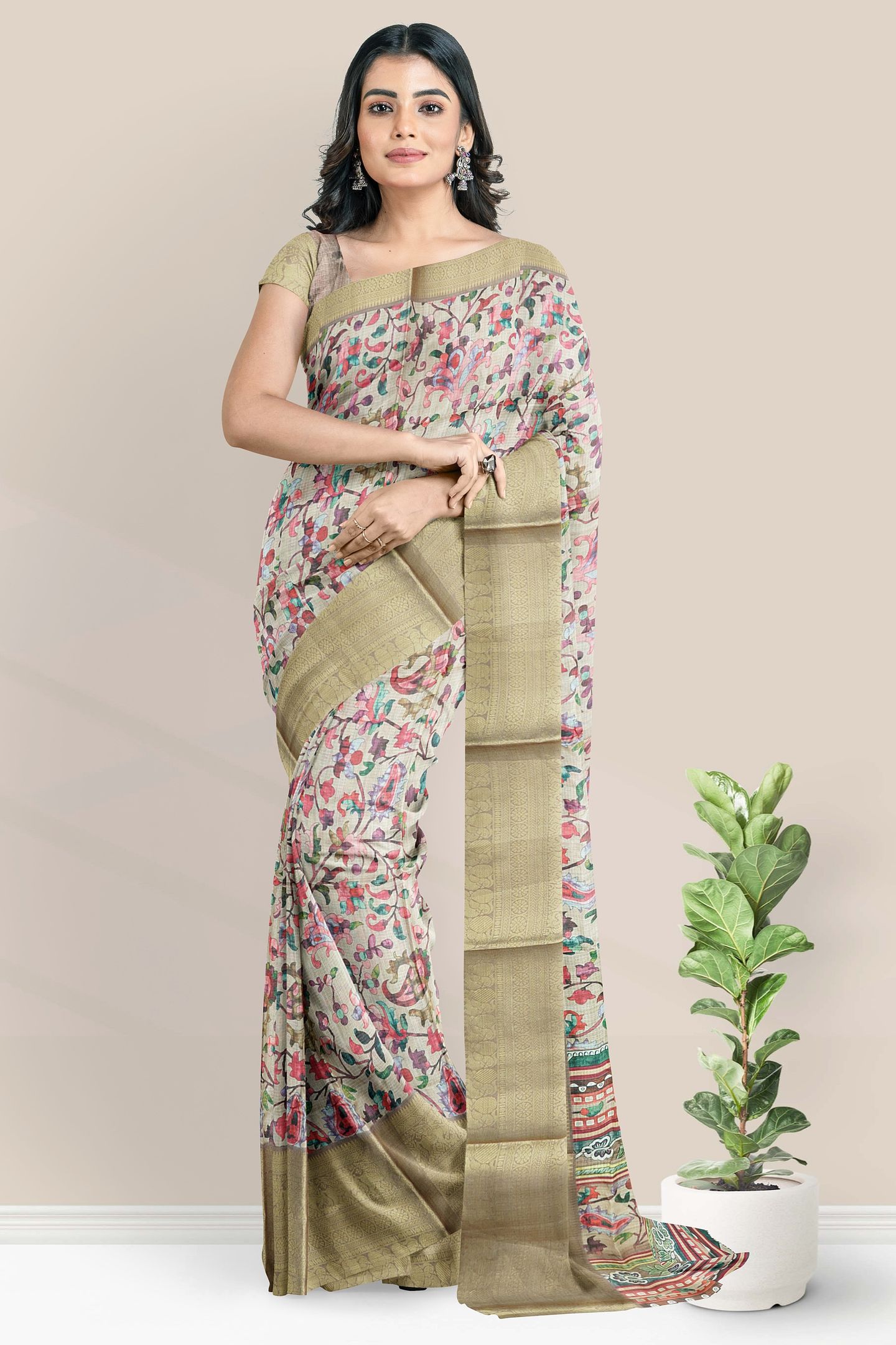 Silk Kota Floral Digital Print Light Wheat Saree
