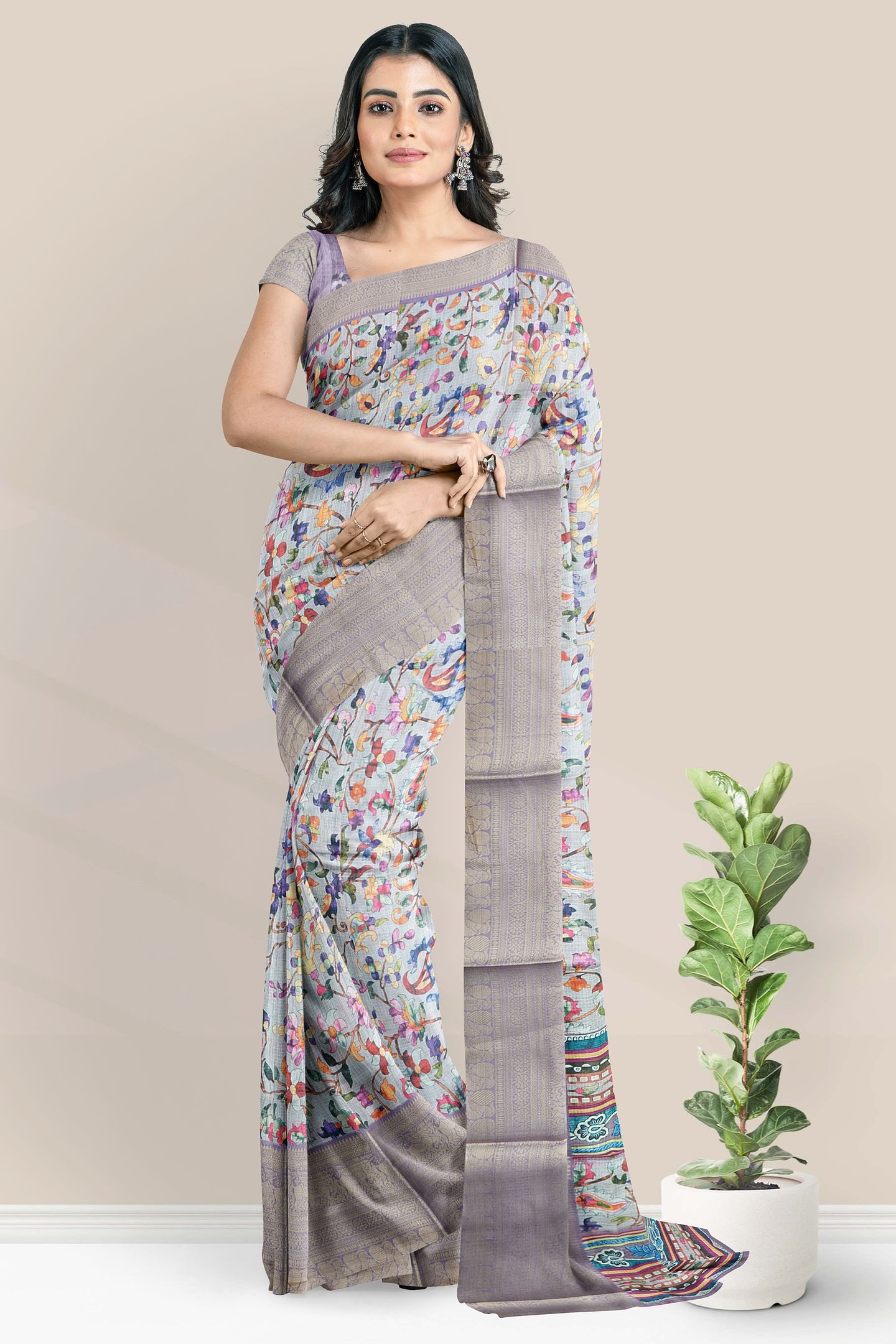 Silk Kota Floral Digital Print Lavender Saree