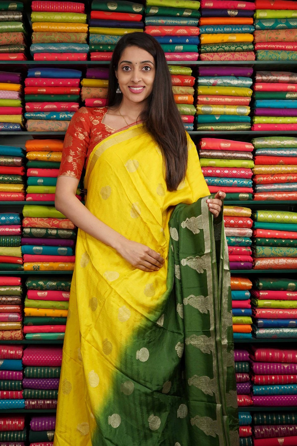 Jute Silk Tie And Dye With Zari Butti Yellow And Green Saree
