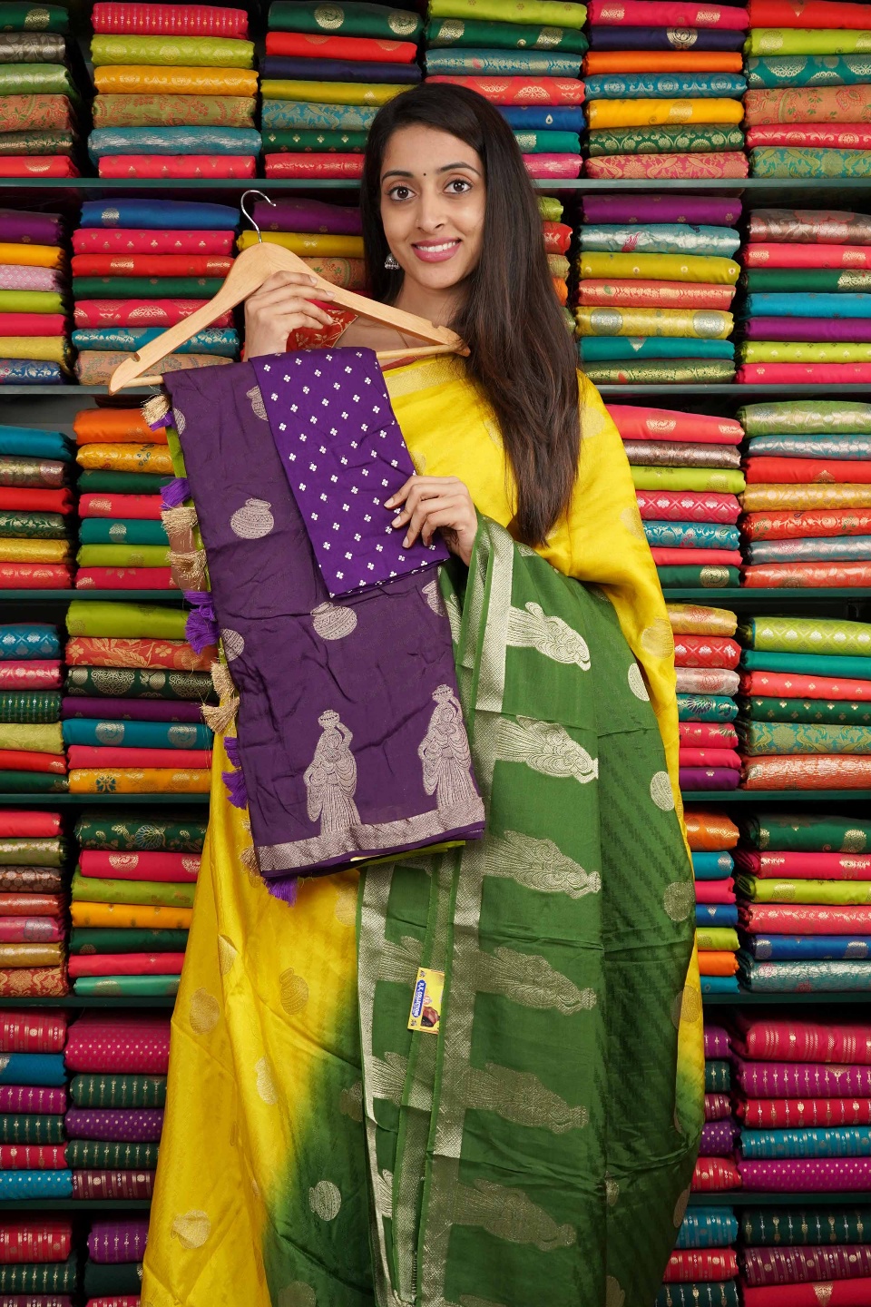 Jute Silk Tie And Dye With Zari Butti Parrot Green And Purple Saree
