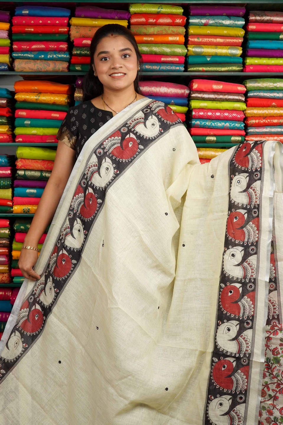 Lenin Peacock Border Cream And Light Yellow Mix Saree