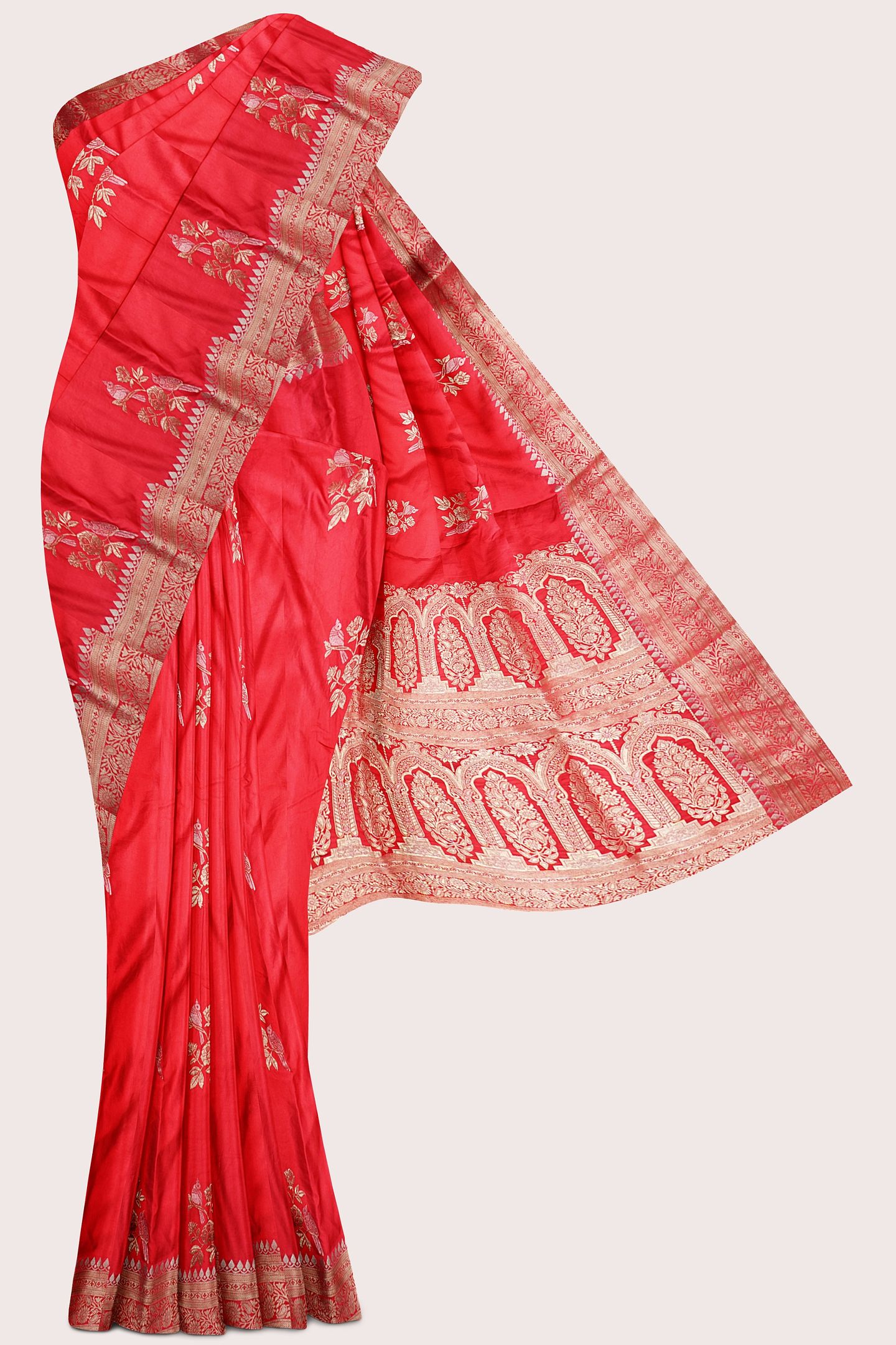 Satin Crepe Silver And Gold Zari Meena Tomato Red Saree